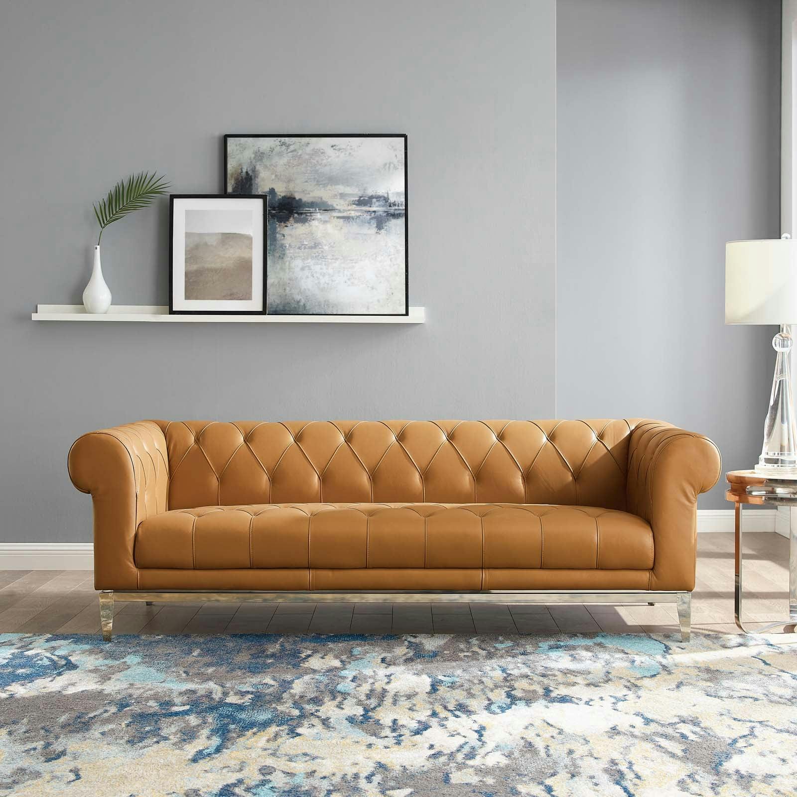 Elegant Blue Faux Leather Chesterfield Sofa with Metal Frame, 84 in