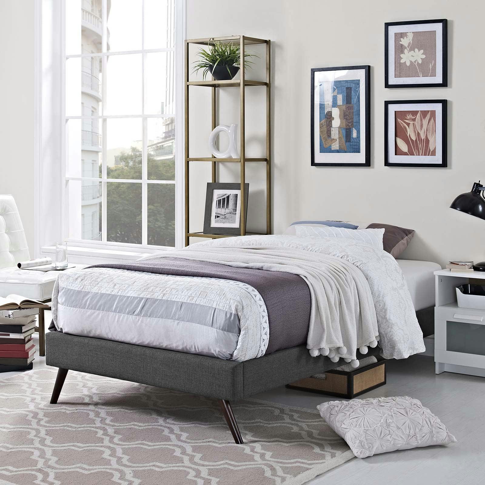 Loryn Gray Fabric Twin Platform Bed with Upholstered Headboard
