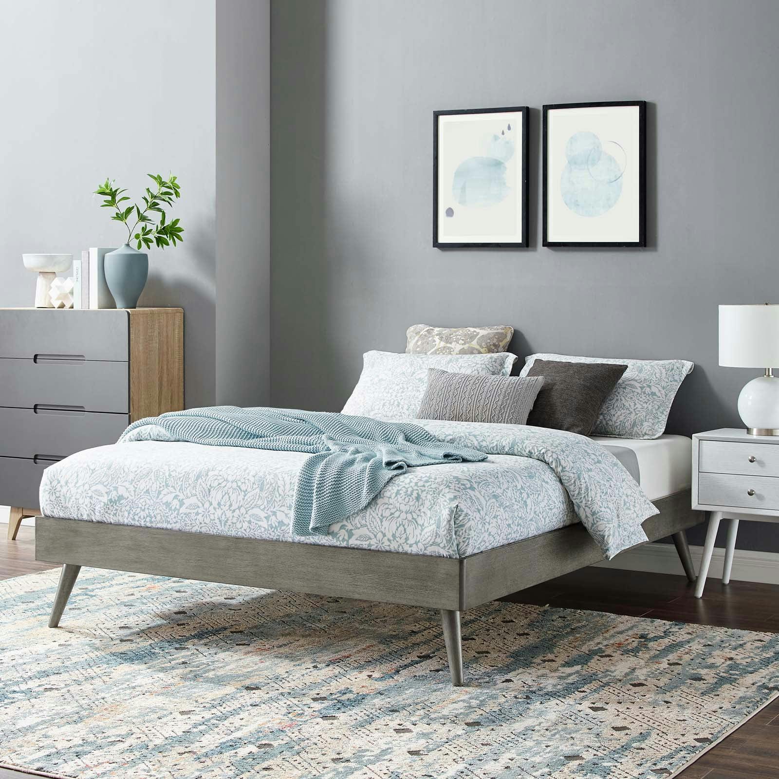 Mid-Century Modern King Platform Bed with Wood Slats in Gray