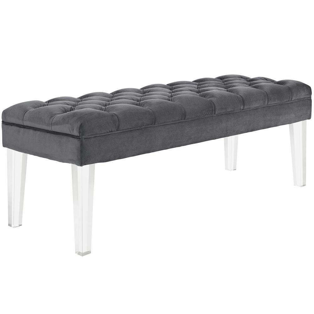 Elegant Gray Velvet Tufted Bench with Clear Acrylic Legs