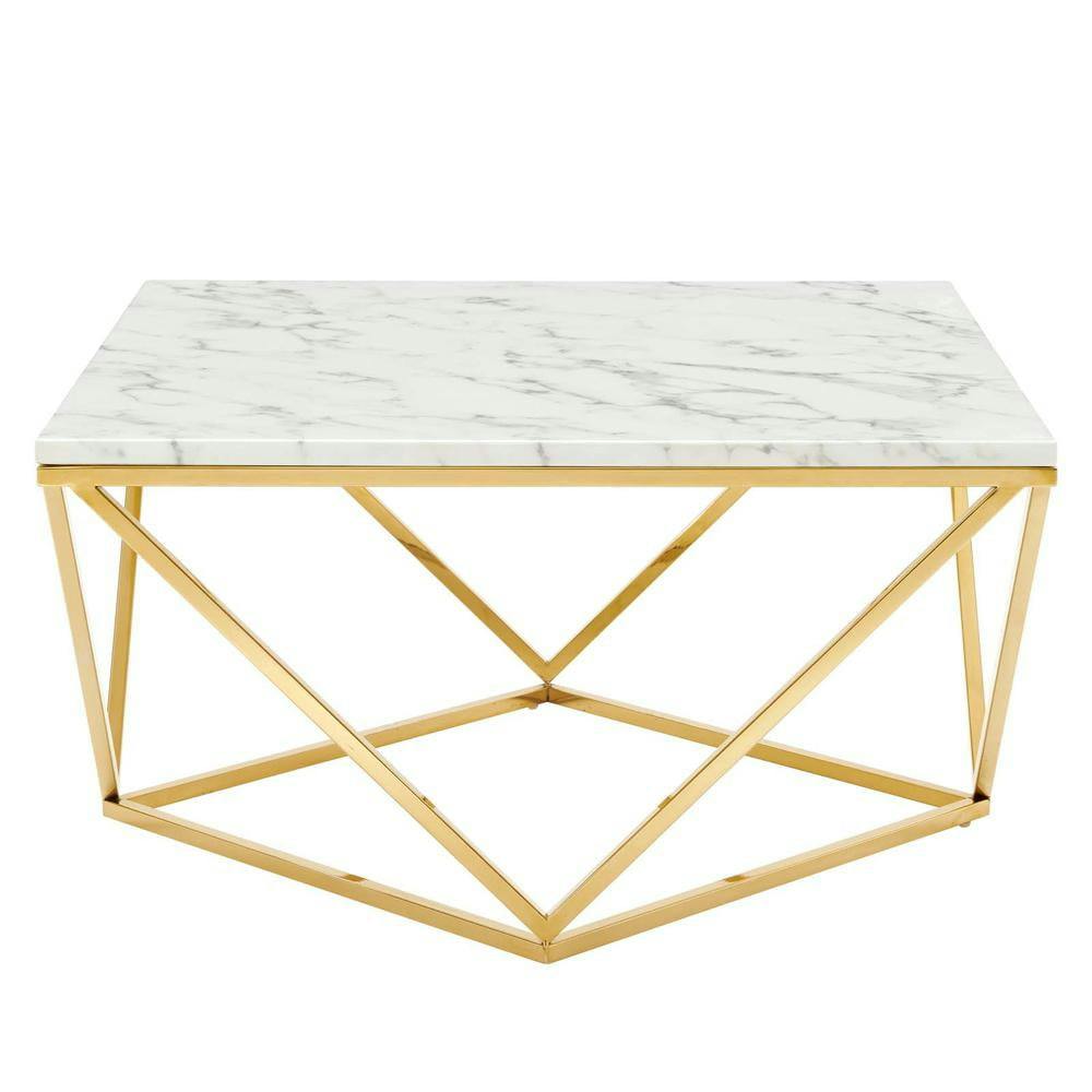 Geometric Gold Stainless Steel & Marble 30" Square Coffee Table