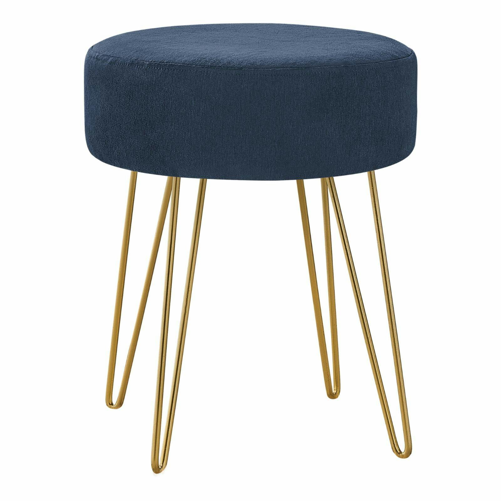 Contemporary Blue Tufted Round Pouf with Gold Metal Legs