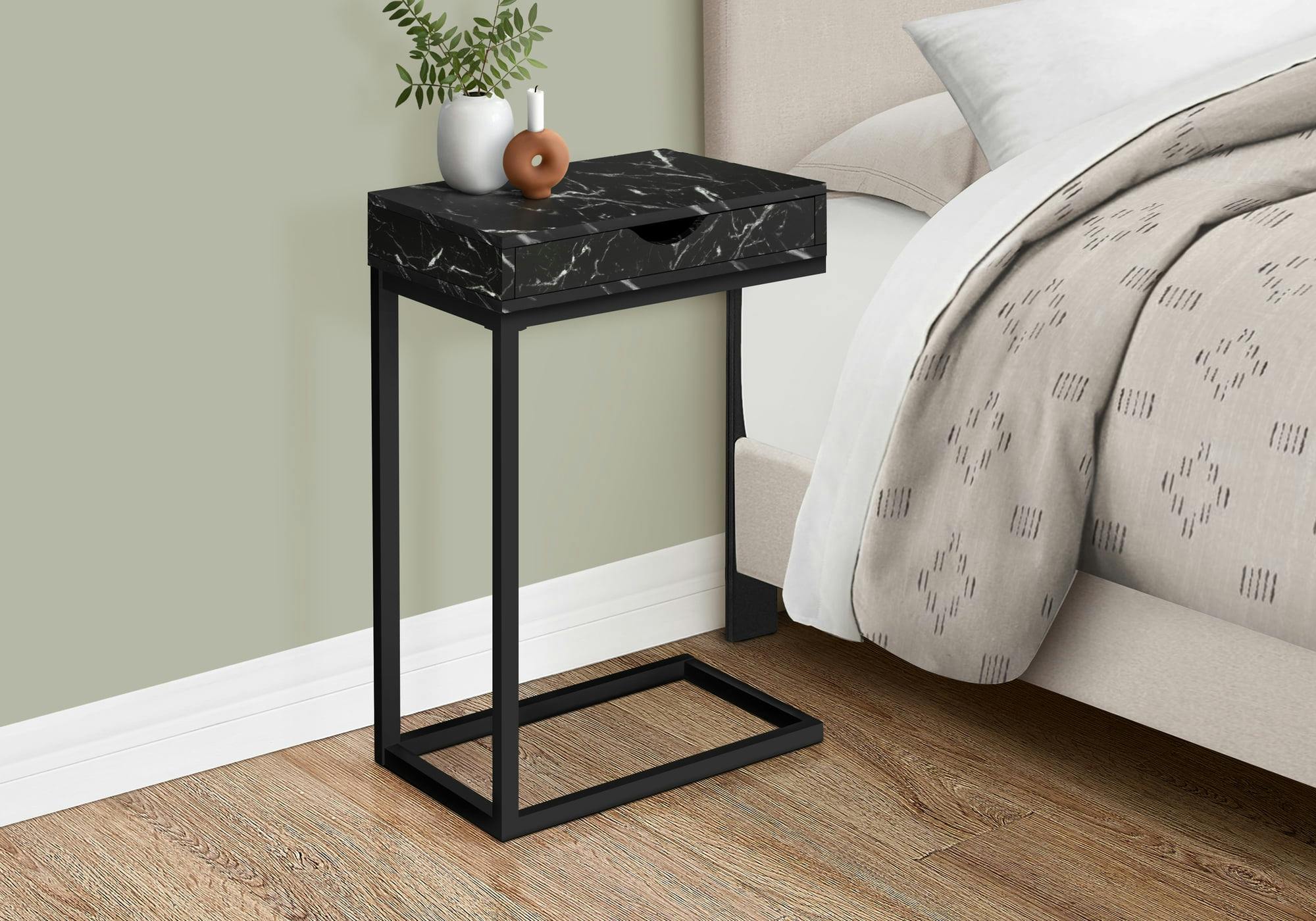 Contemporary Black Marble-Look Accent Table with Storage Drawer