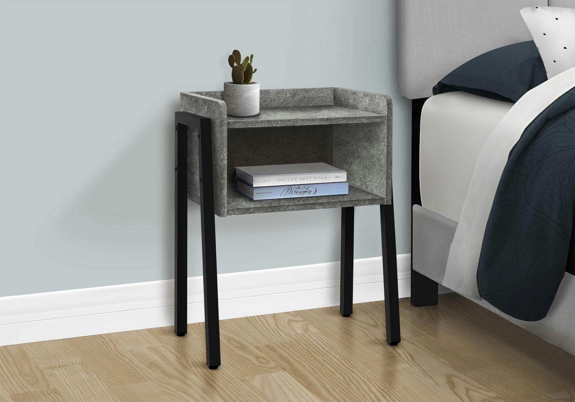 Modern Industrial Stone-Look Accent Table with Black Metal Legs