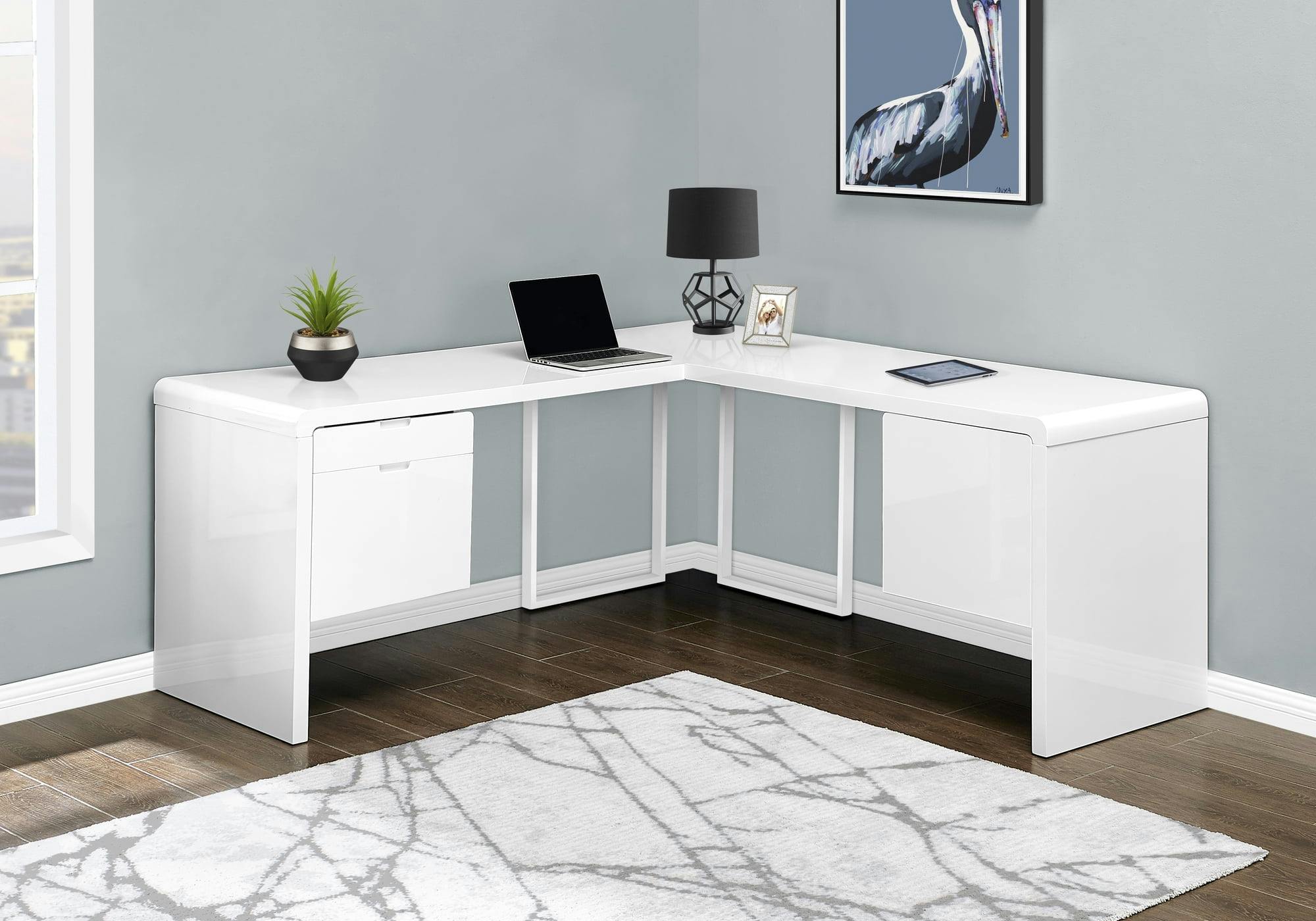 Glossy White L-Shaped Corner Computer Desk with Filing Cabinet