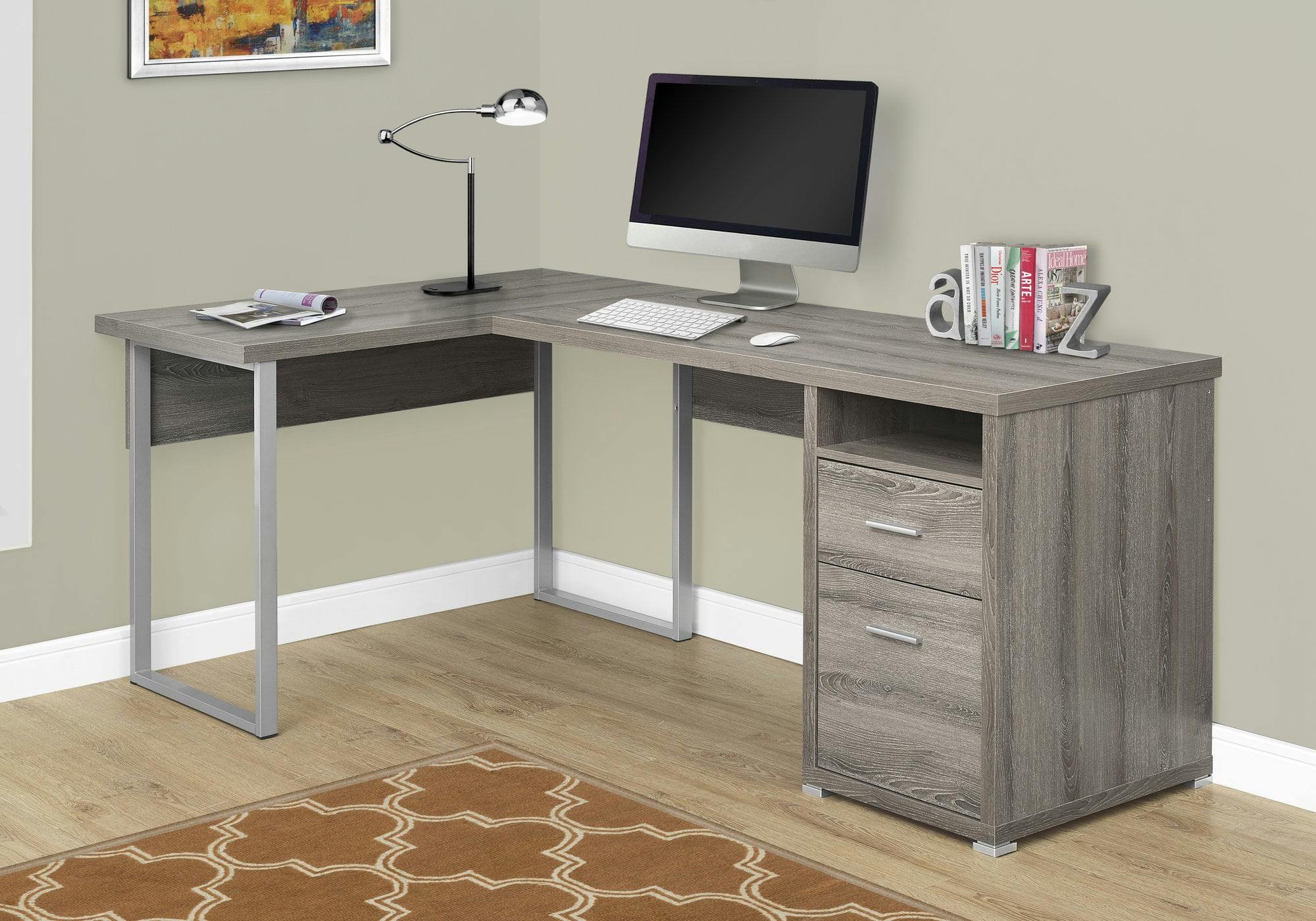 Contemporary Dark Taupe Wood Corner Computer Desk with Filing Cabinet