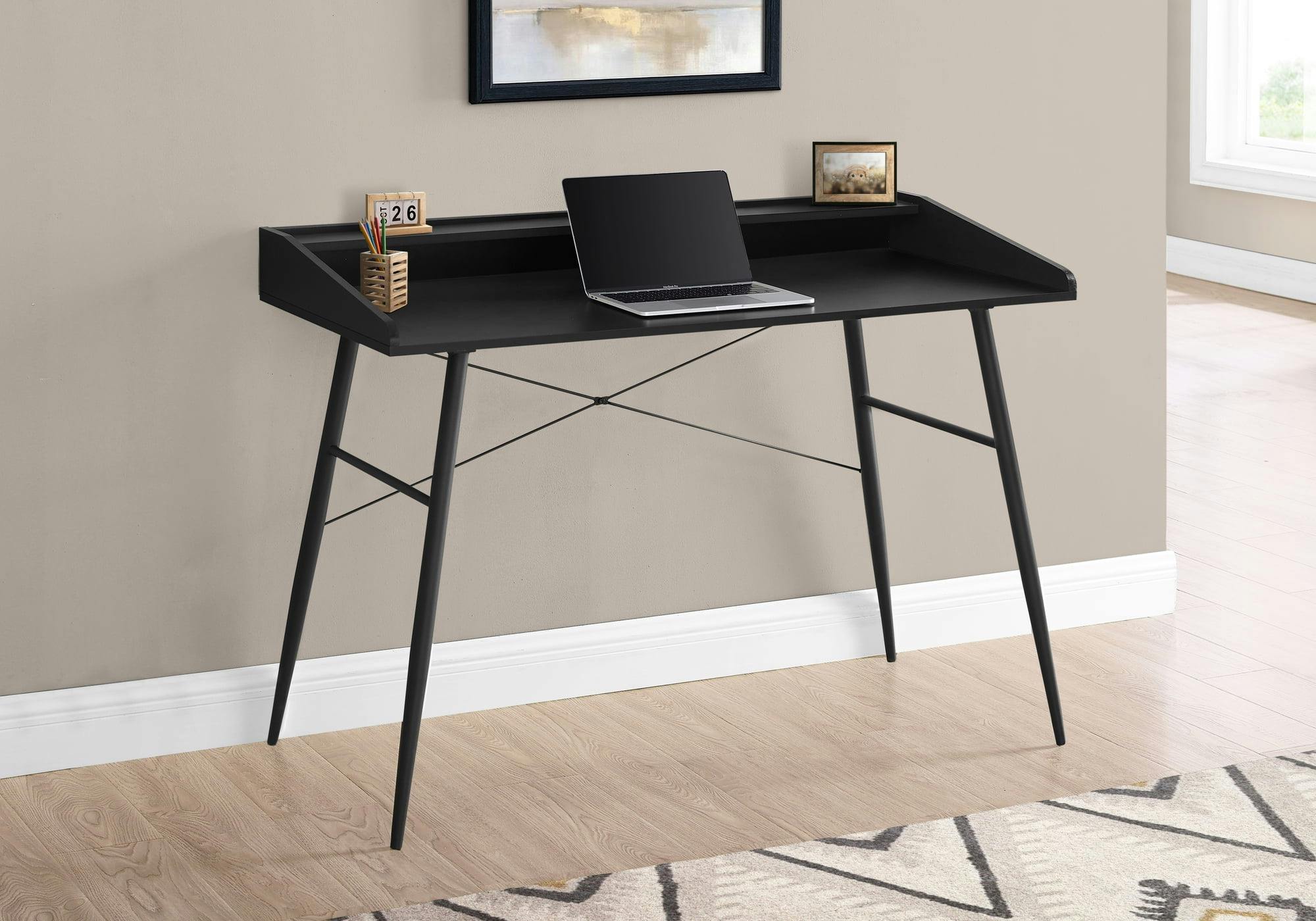 Sleek Black Wood Writing Desk with Hutch and Metal Accents