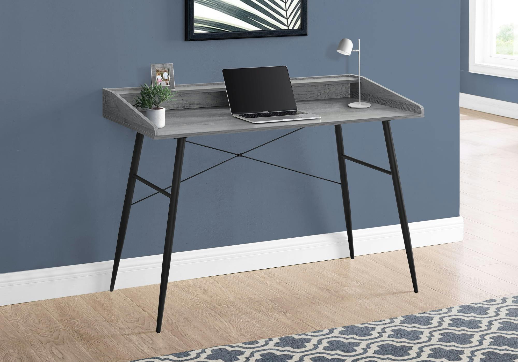 Contemporary 47" Gray Wood Writing Desk with Hutch and Black Metal Base