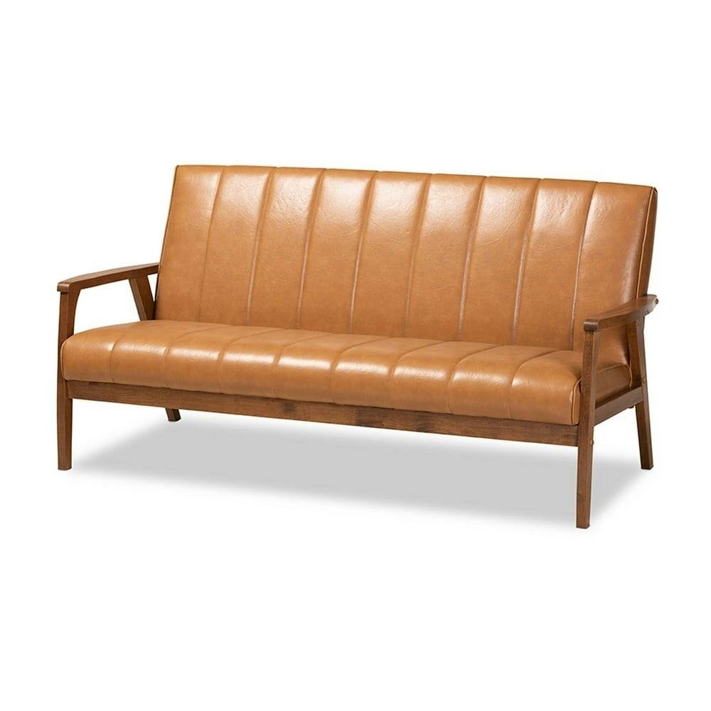 Nikko 64'' Walnut Brown Faux Leather Mid-Century Sofa