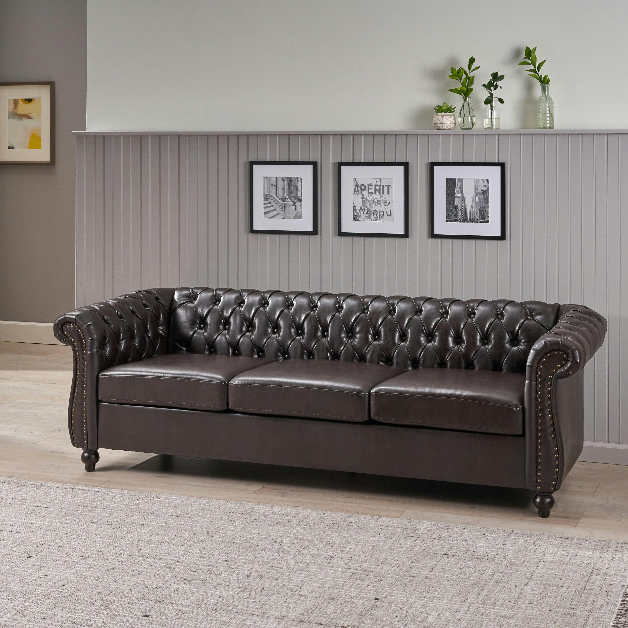 Elegant Brown Faux Leather Chesterfield Sofa with Nailhead Accents