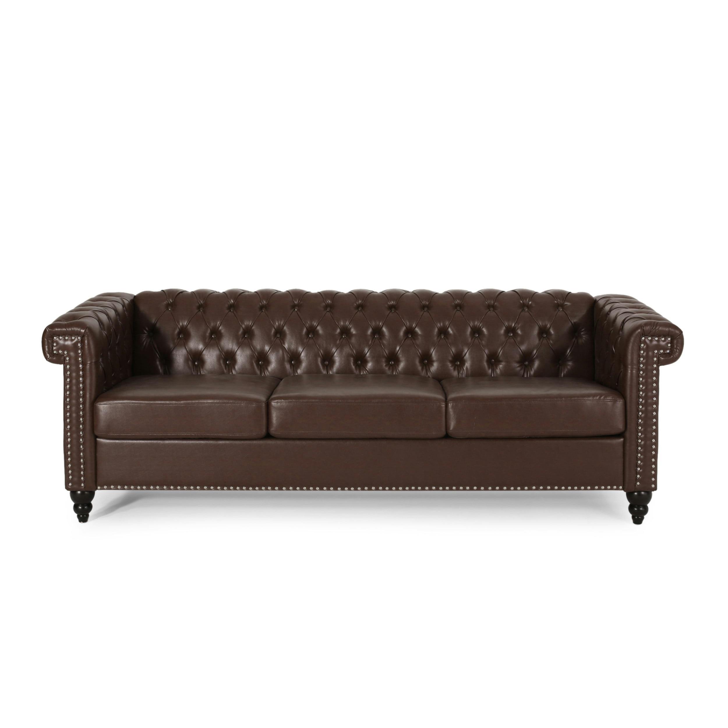 Elegant Dark Brown Faux Leather Chesterfield Sofa with Nailhead Accents