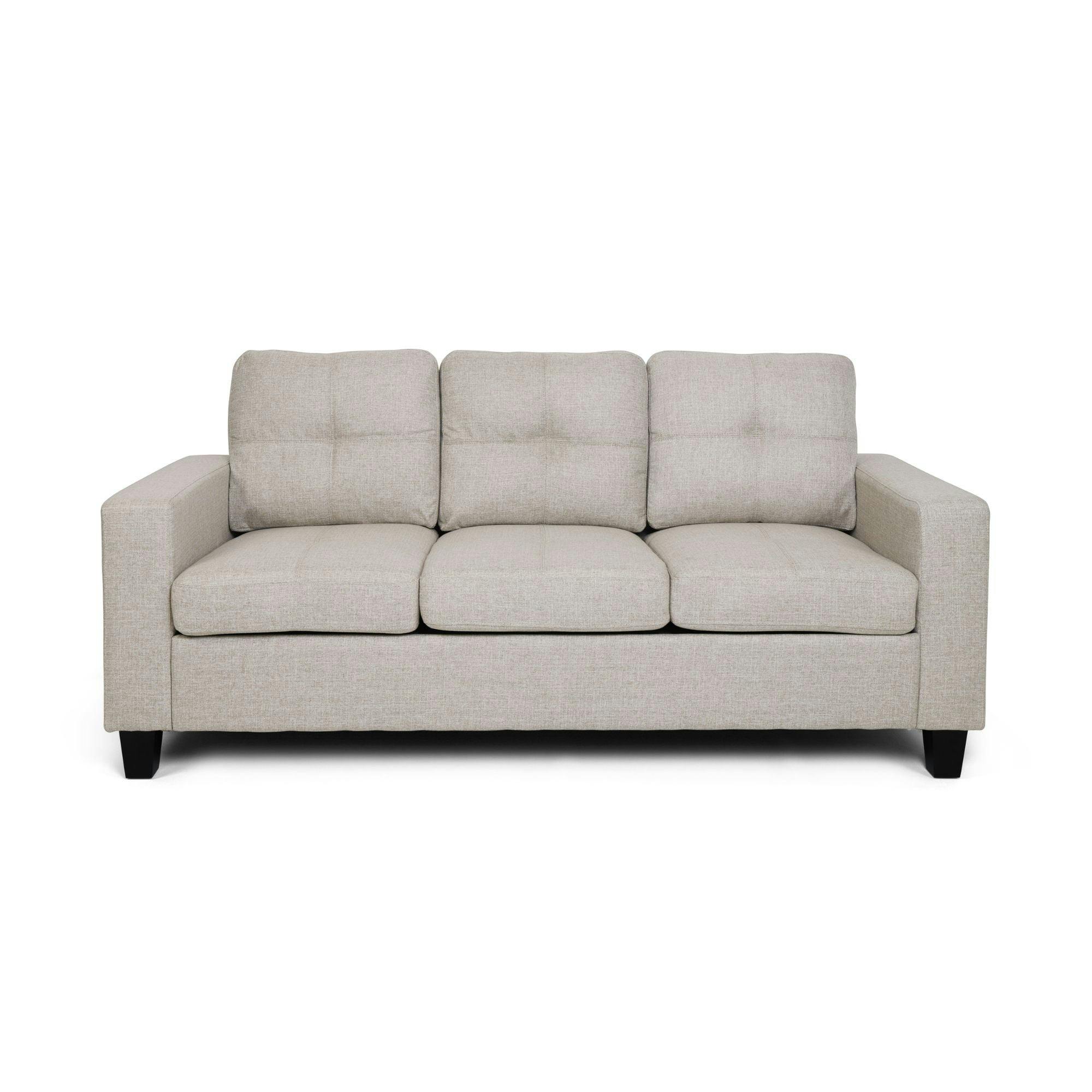 Beige and Espresso 76" Tufted Polyester and Wood 3-Seater Sofa