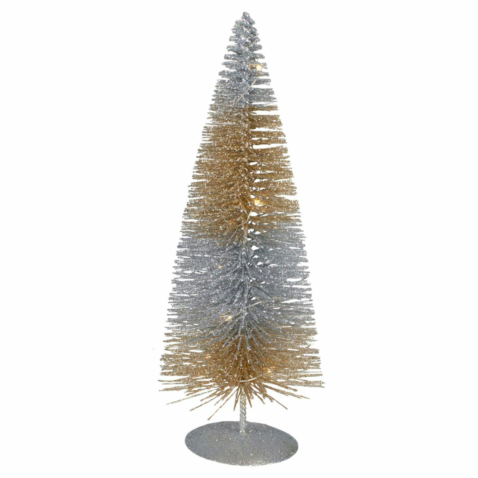 Glittered Silver and Gold Sisal 10" Mini Christmas Tree with LED Lights