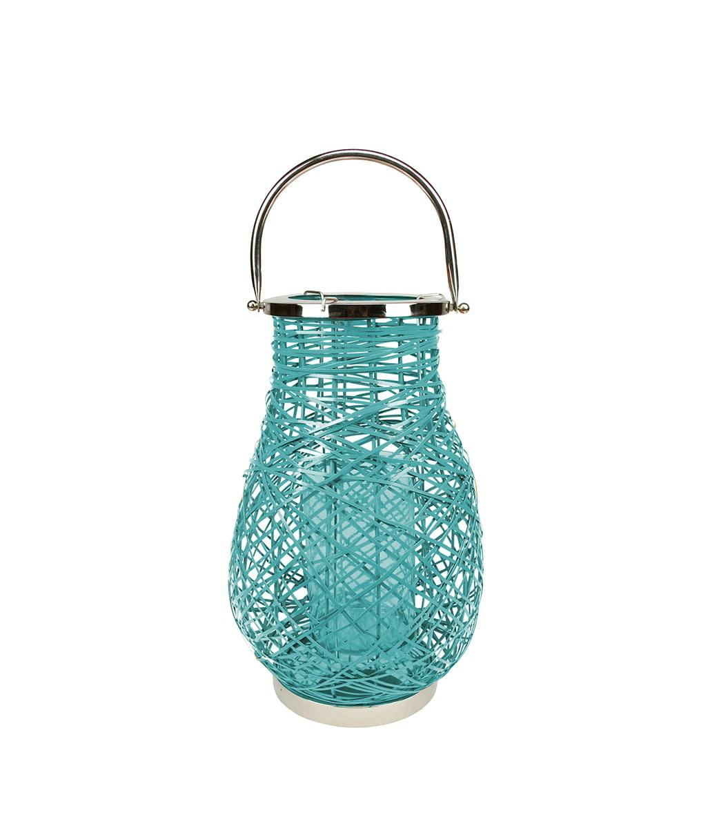 Turquoise Blue Woven Iron 16.25" Hanging Candle Lantern with Glass Hurricane