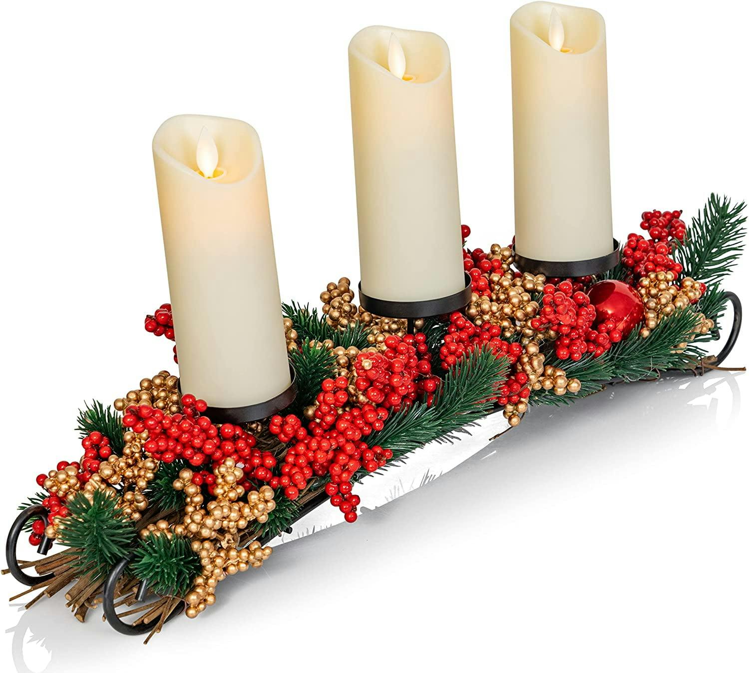 Winter Elegance 20" Iron Sleigh Candle Holder with Red and Gold Berries