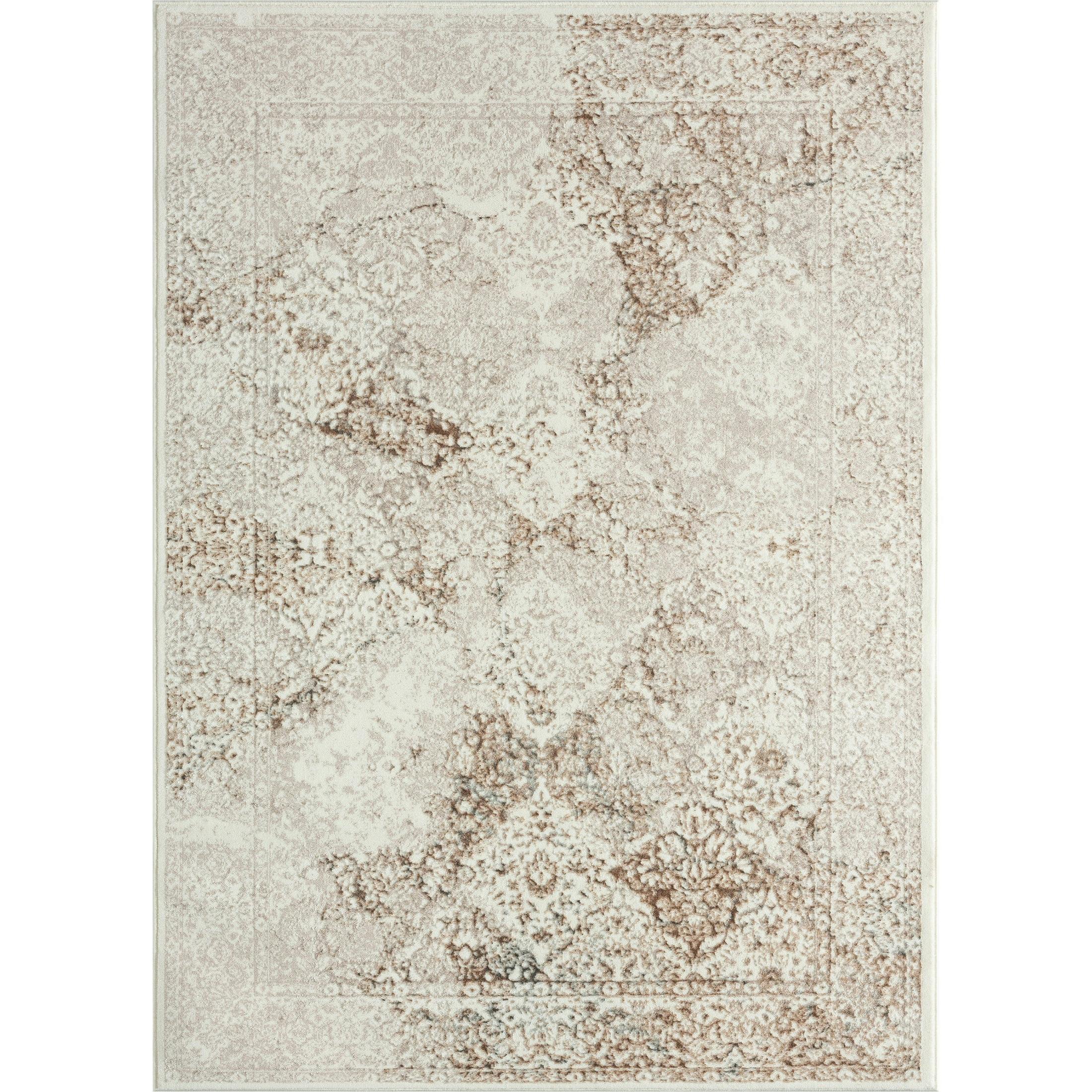 Reversible Easy-Care Damask Beige 5' x 7' Synthetic Area Rug