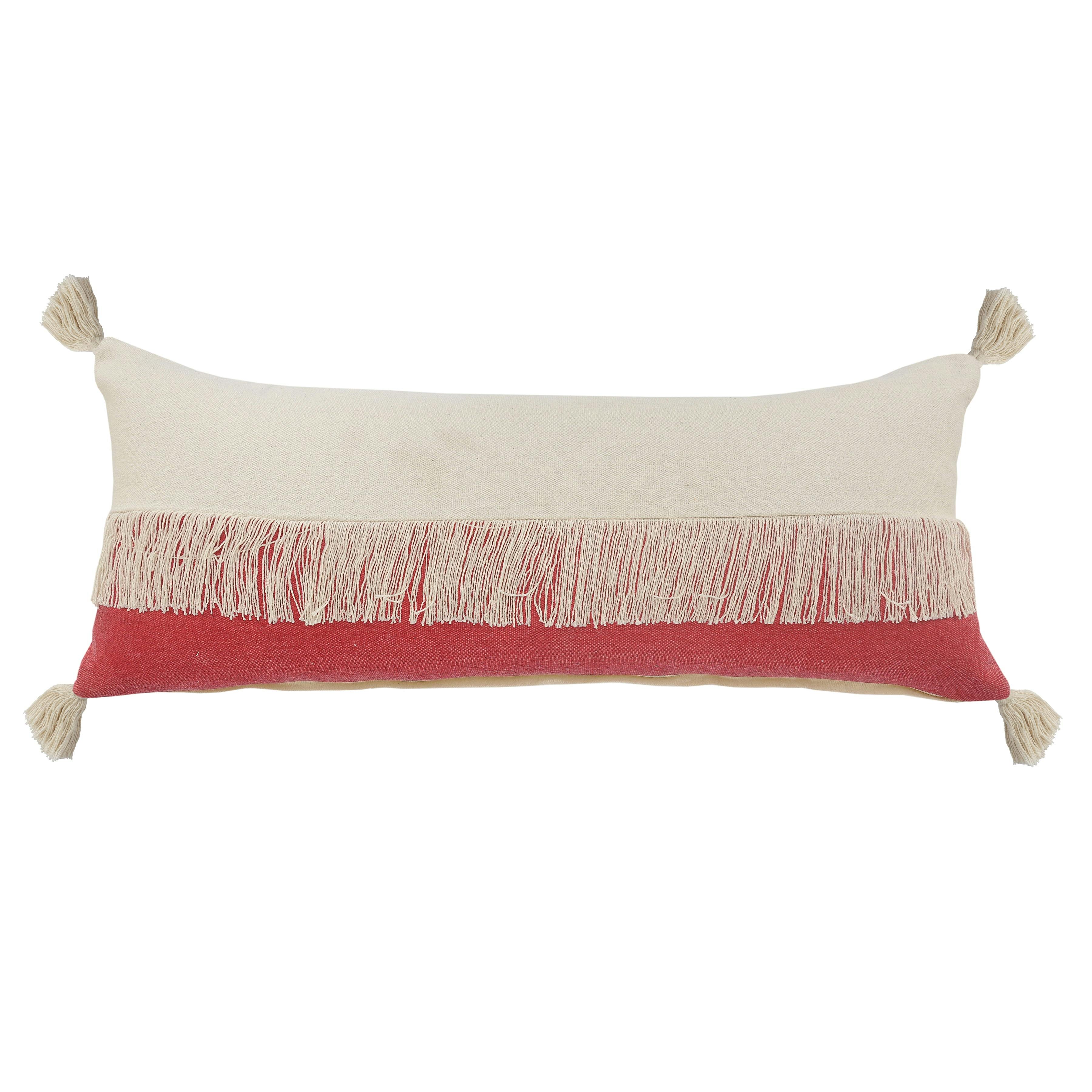 Raspberry Red and Off-White Cotton Lumbar Throw Pillow, 14" x 36"
