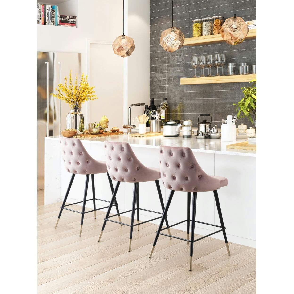 Elegant Piccolo Pink Counter Stool with Brushed Brass Legs
