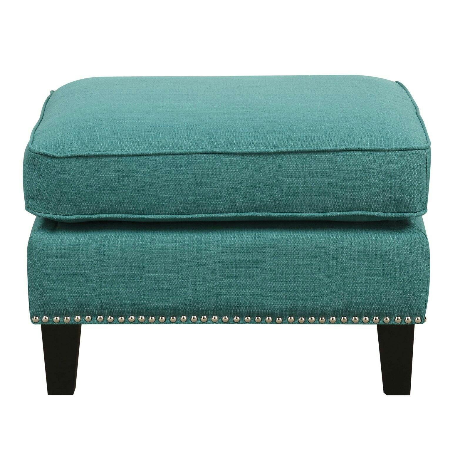 Transitional Tufted Teal Ottoman with Nail Head Trim
