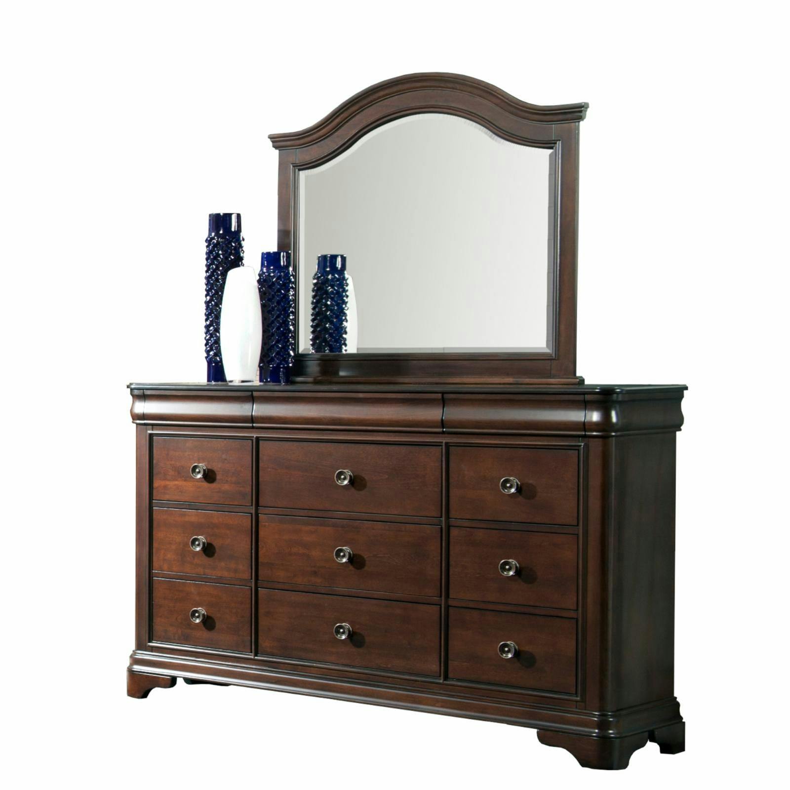 Elegant Conley 65'' Cherry Finish Dresser with Arched Mirror and Felt-Lined Drawers