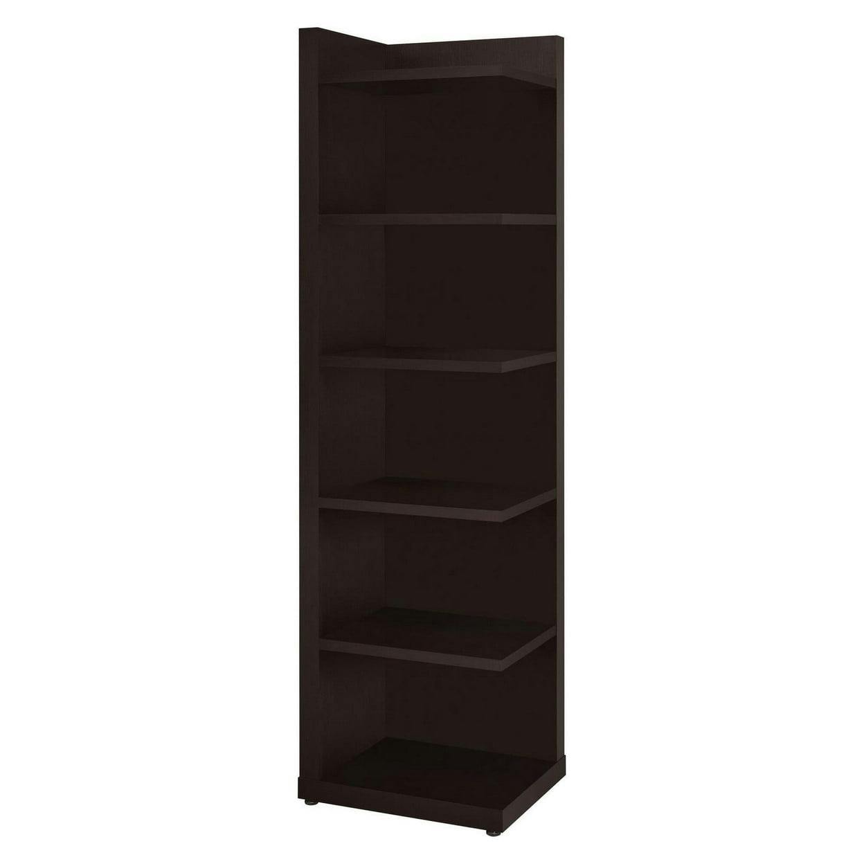 Transitional Cappuccino Brown Corner Bookcase with Adjustable Shelves