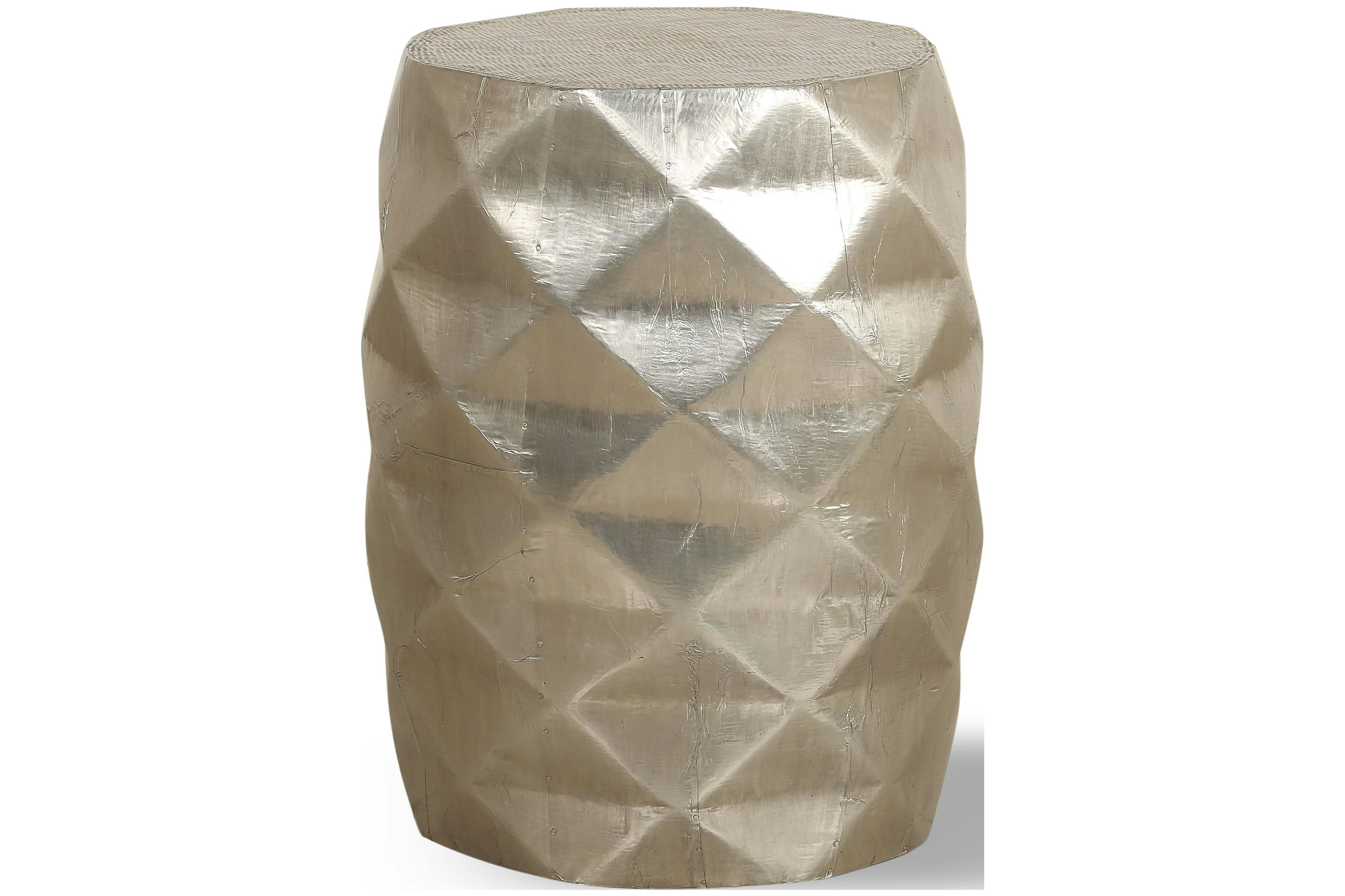 Aged Silver Diamond-Patterned Round Metal & Wood End Table