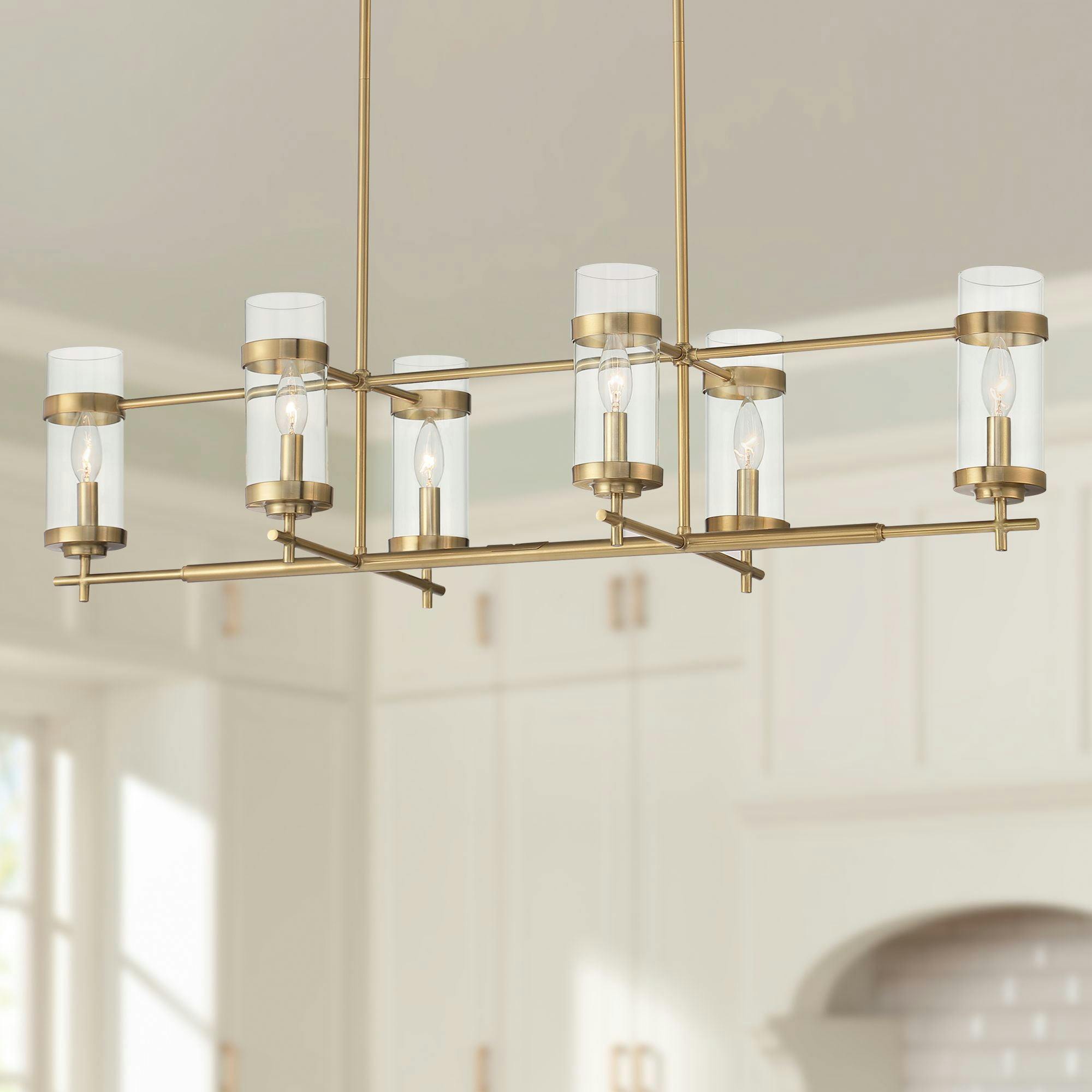 Soft Gold Linear Island Pendant with Clear Glass Shades