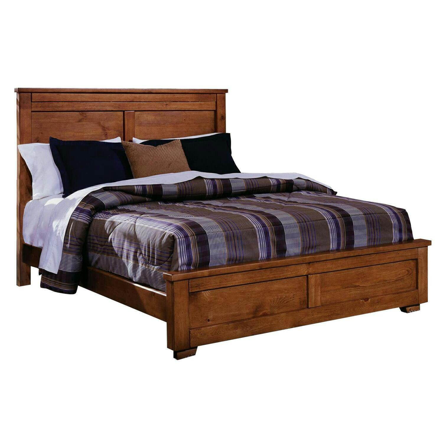 Transitional Cinnamon Brown Pine Queen Panel Bed with Upholstered Headboard