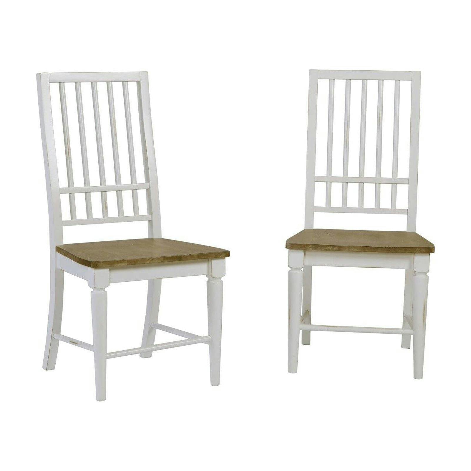 Rustic Light Oak & Distressed White Wooden Slat Dining Side Chairs