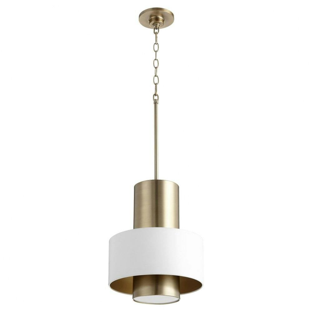 Contemporary Aged Brass and White Drum Pendant Light
