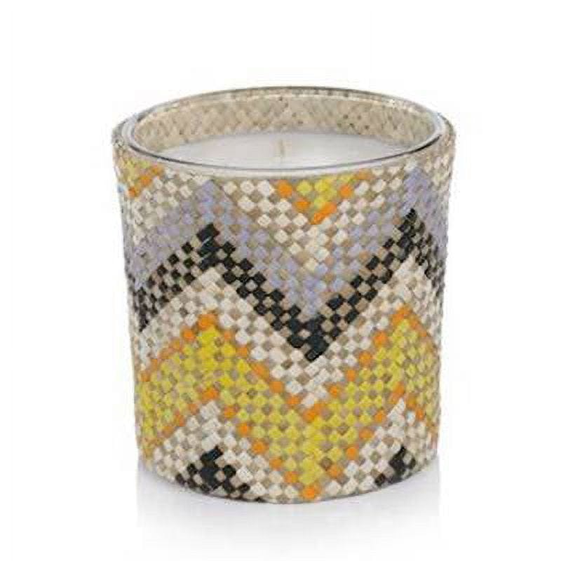 Mia Palm Breeze Scented Candle Jar with Woven Buri Holder, Yellow and Gray