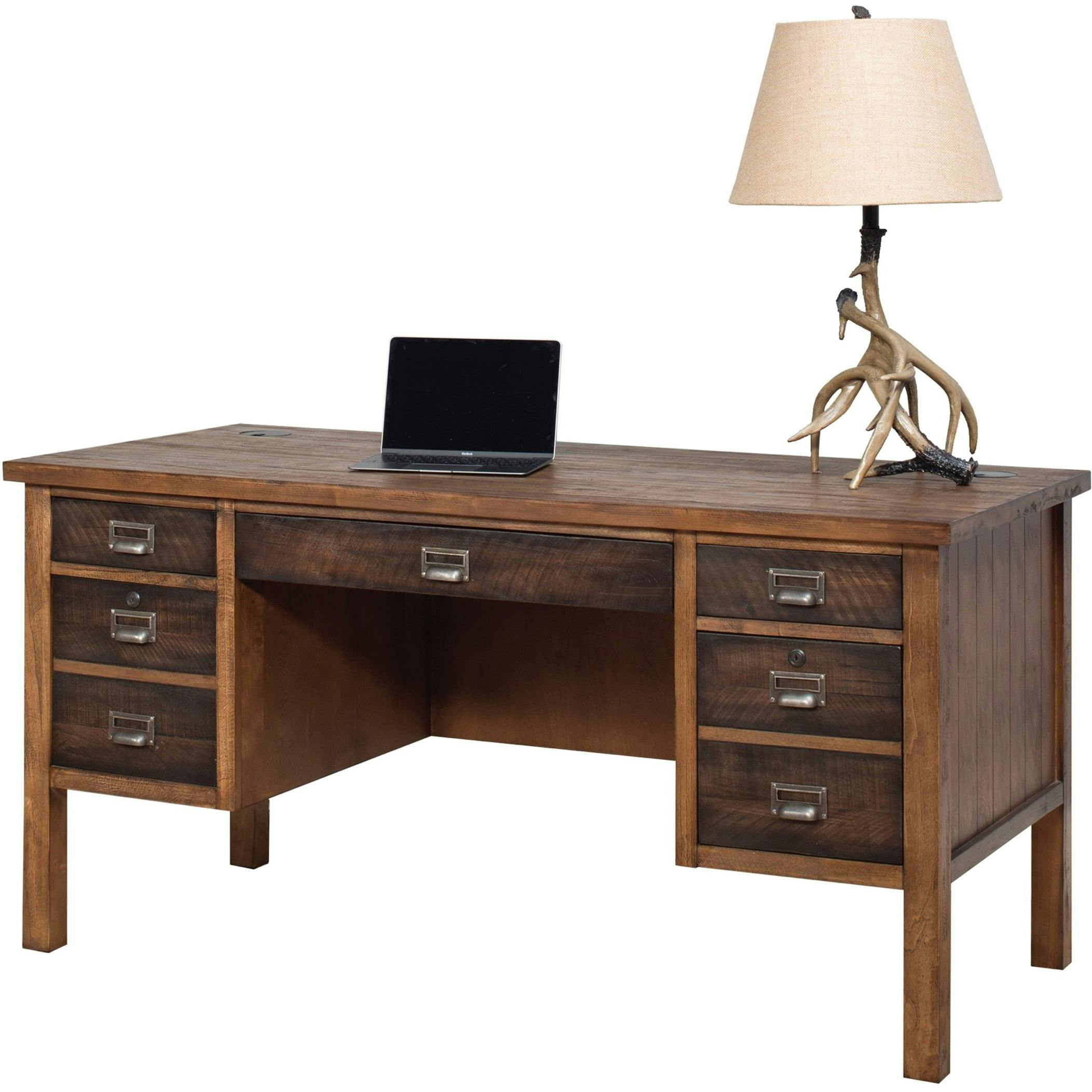 Heritage Half Pedestal Desk with Utility Drawers in Rustic Brown