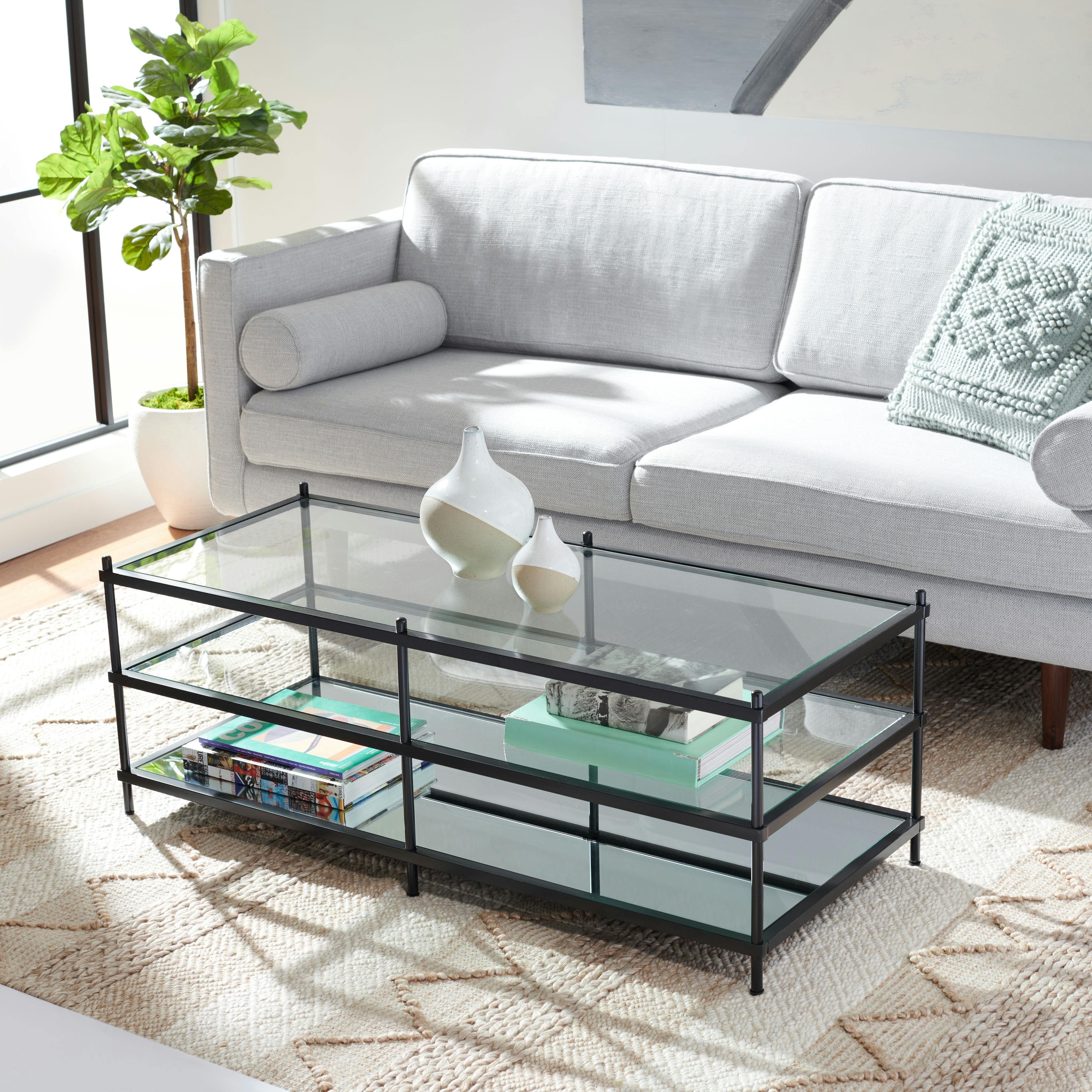 Cathal 52" Matte Black Glass & Mirror Rectangular Coffee Table with Storage