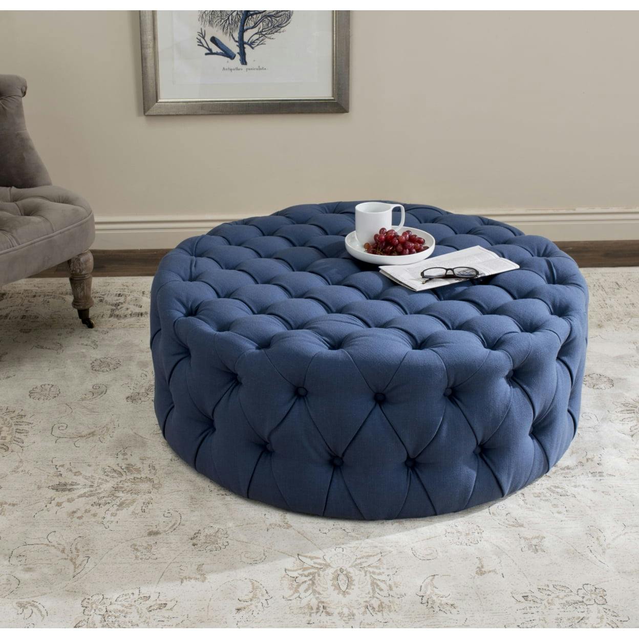Transitional Black Tufted Round Ottoman/Coffee Table, 39"