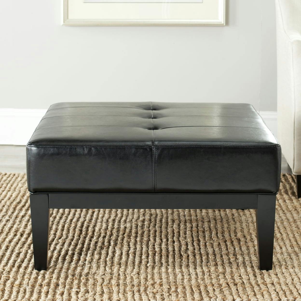 Transitional Black Tufted Cocktail Ottoman with Birch Wood Legs