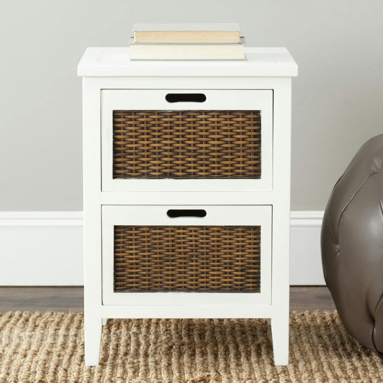 Transitional White Wood Rectangular End Table with Woven Drawer Fronts
