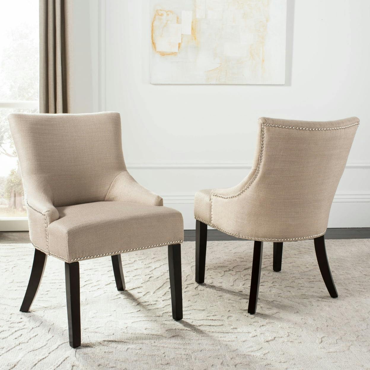 Beige Linen Upholstered Parsons Side Chair with Wood Legs