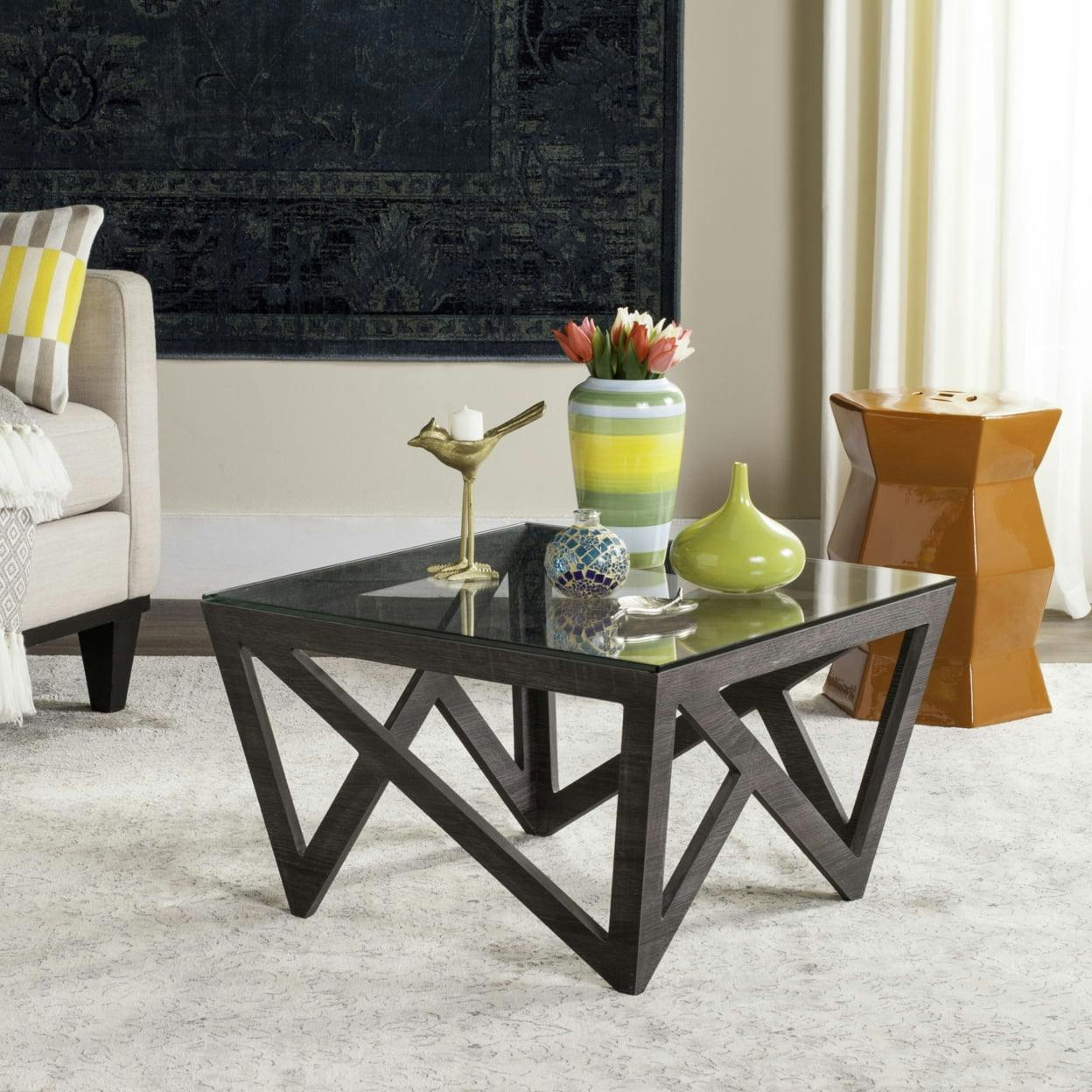 Transitional Gray-Brown 24" Square Wood & Glass Coffee Table