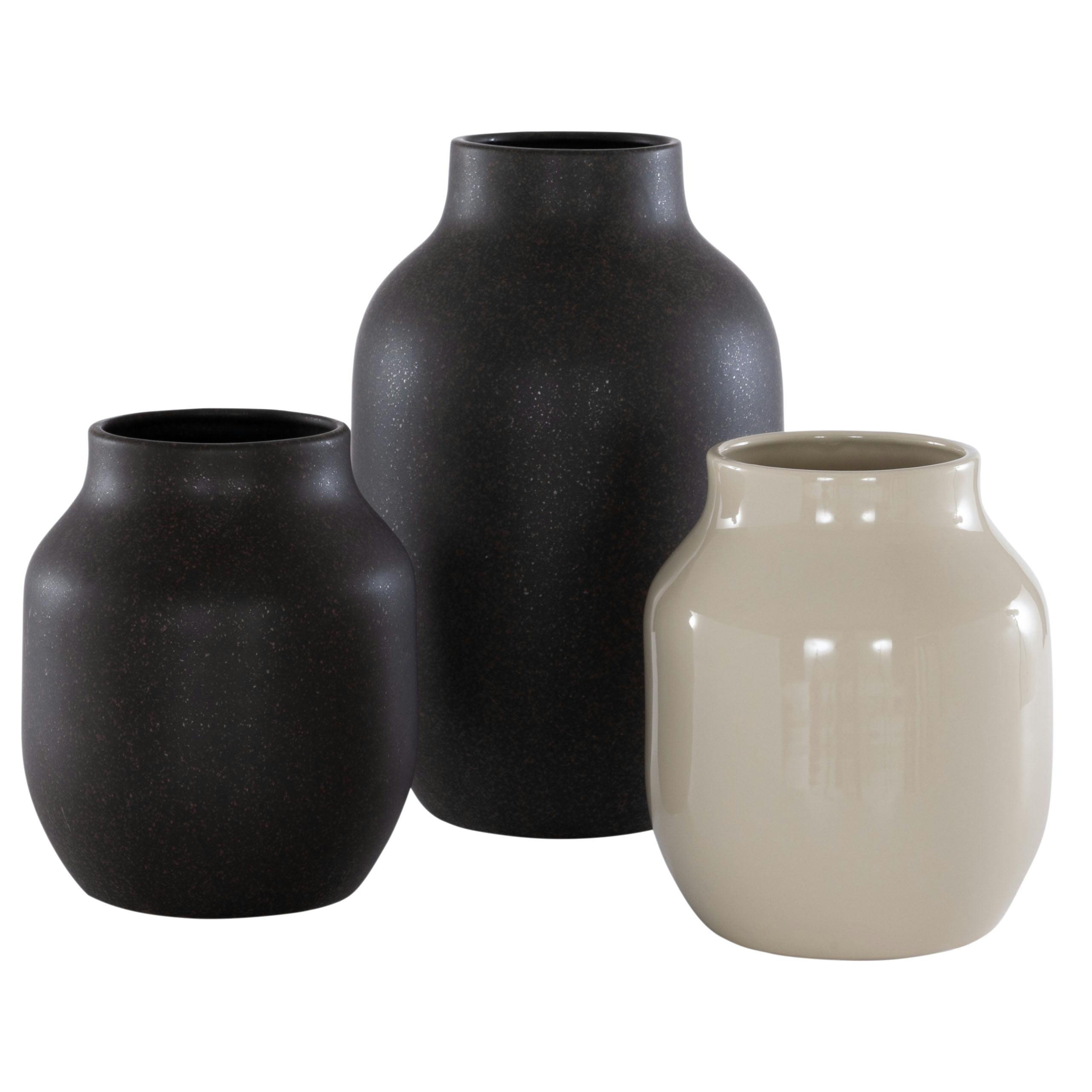 Charcoal & Beige Rustic Ceramic Vase Trio Set