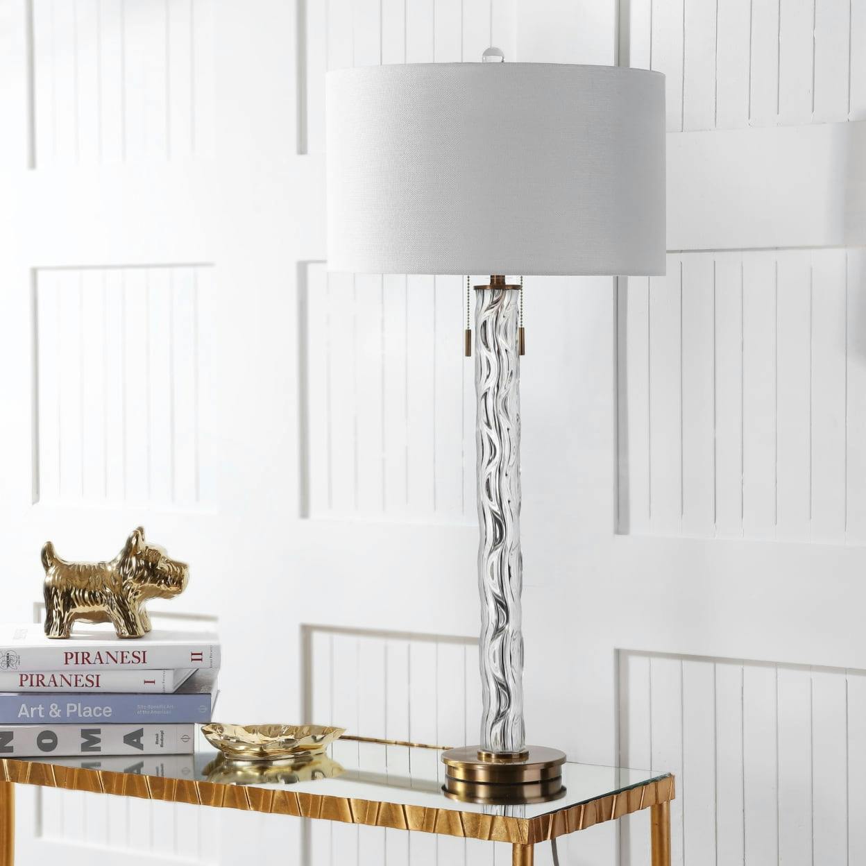Rayna 34'' Clear Glass Table Lamp with White Shade and Gold Accents