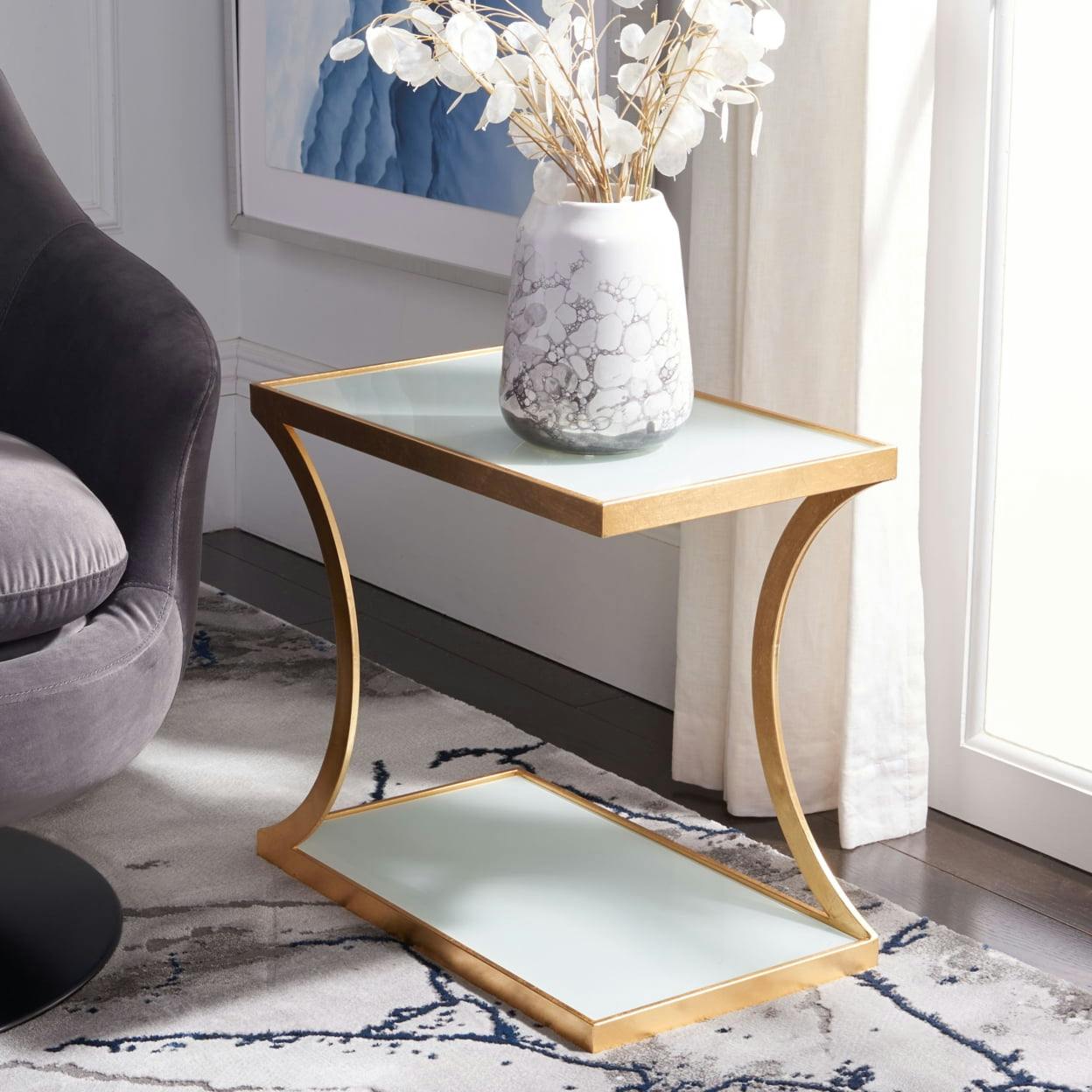 Elegant Gold and White Mirrored Metal Accent Table