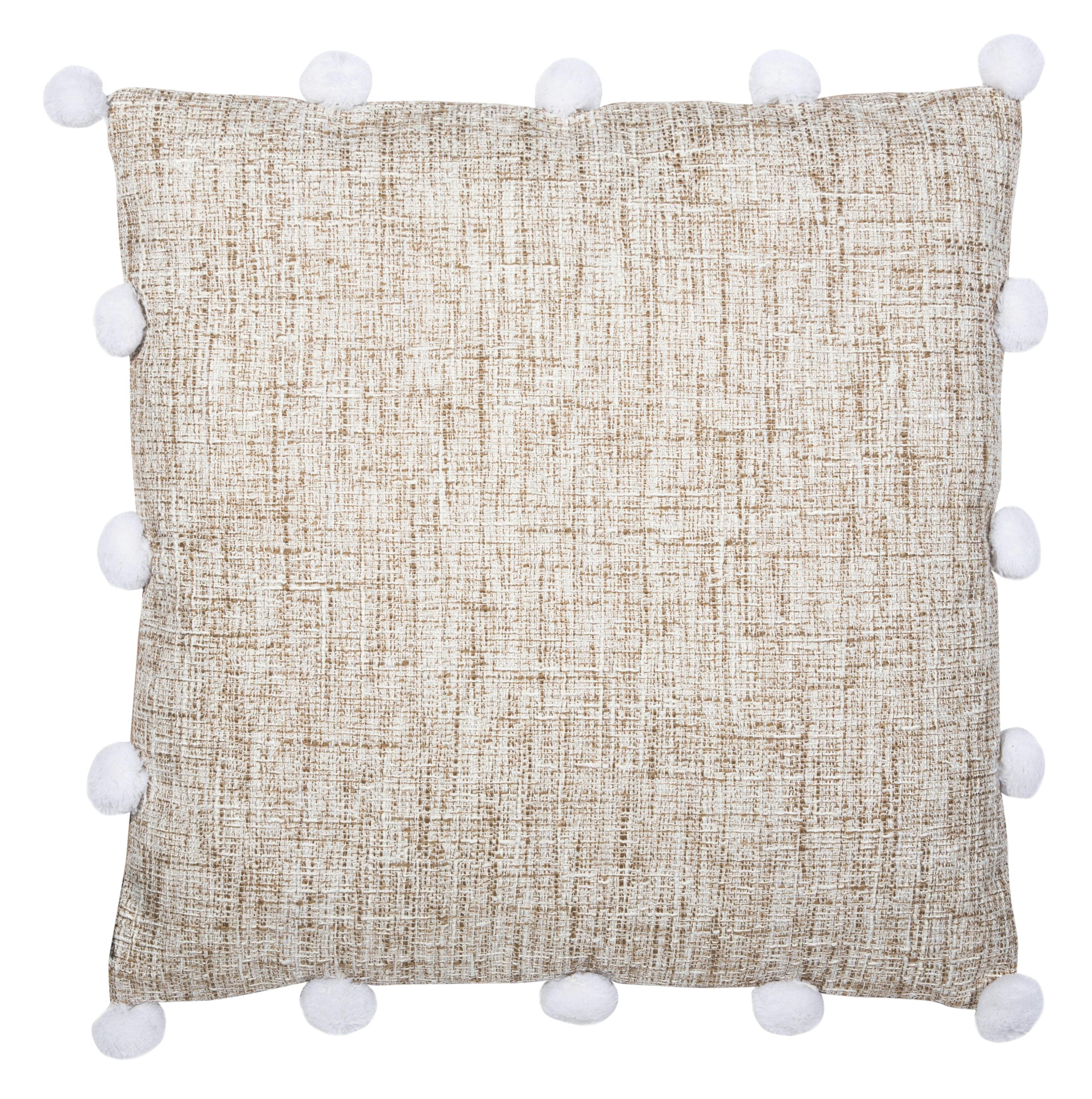 Temi Neutral Pom Pom Accented 19" Square Throw Pillow in Beige and White