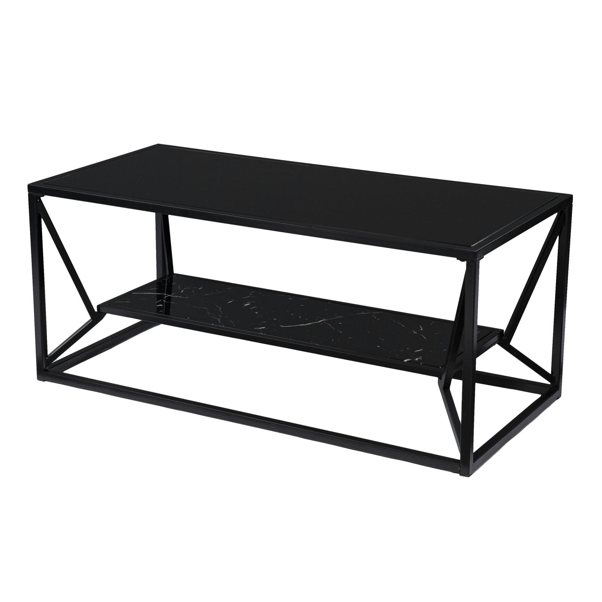 Modern Black Glass-Top Coffee Table with Faux Marble Shelf