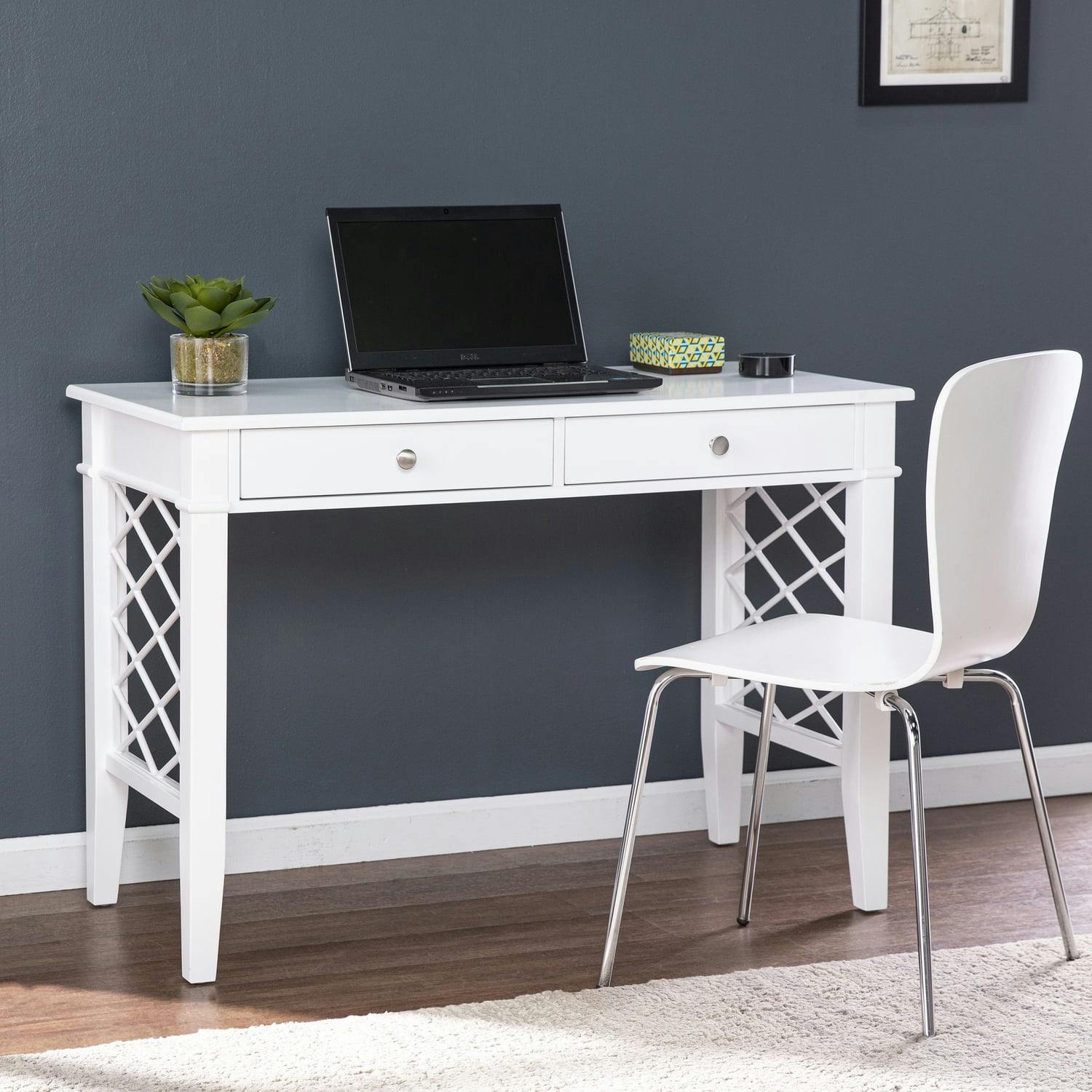 Classic White Wood Writing Desk with Lattice Side Panels and Drawers