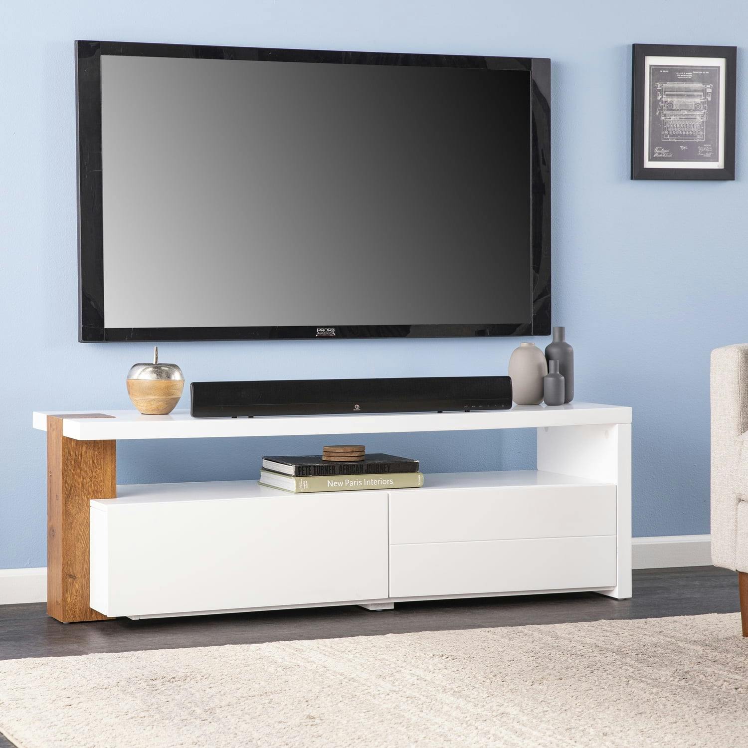 Contemporary White and Brown Media Stand with Sleek Storage