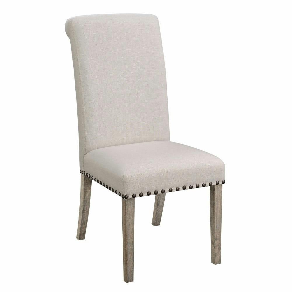 Beige Linen Upholstered Parsons Side Chair with Rustic Pine Legs