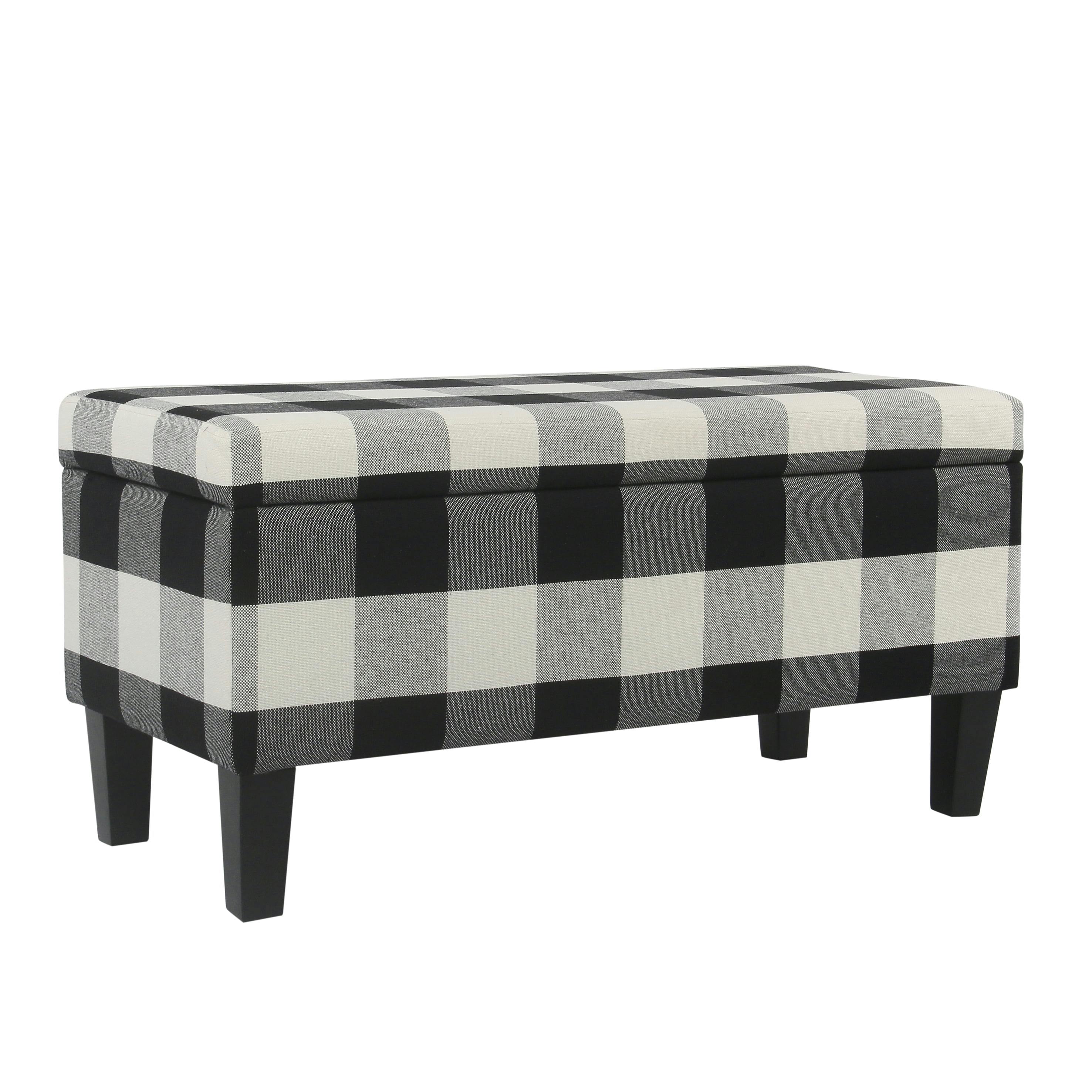 Elegant Black and White Plaid Upholstered Storage Bench with Tapered Legs