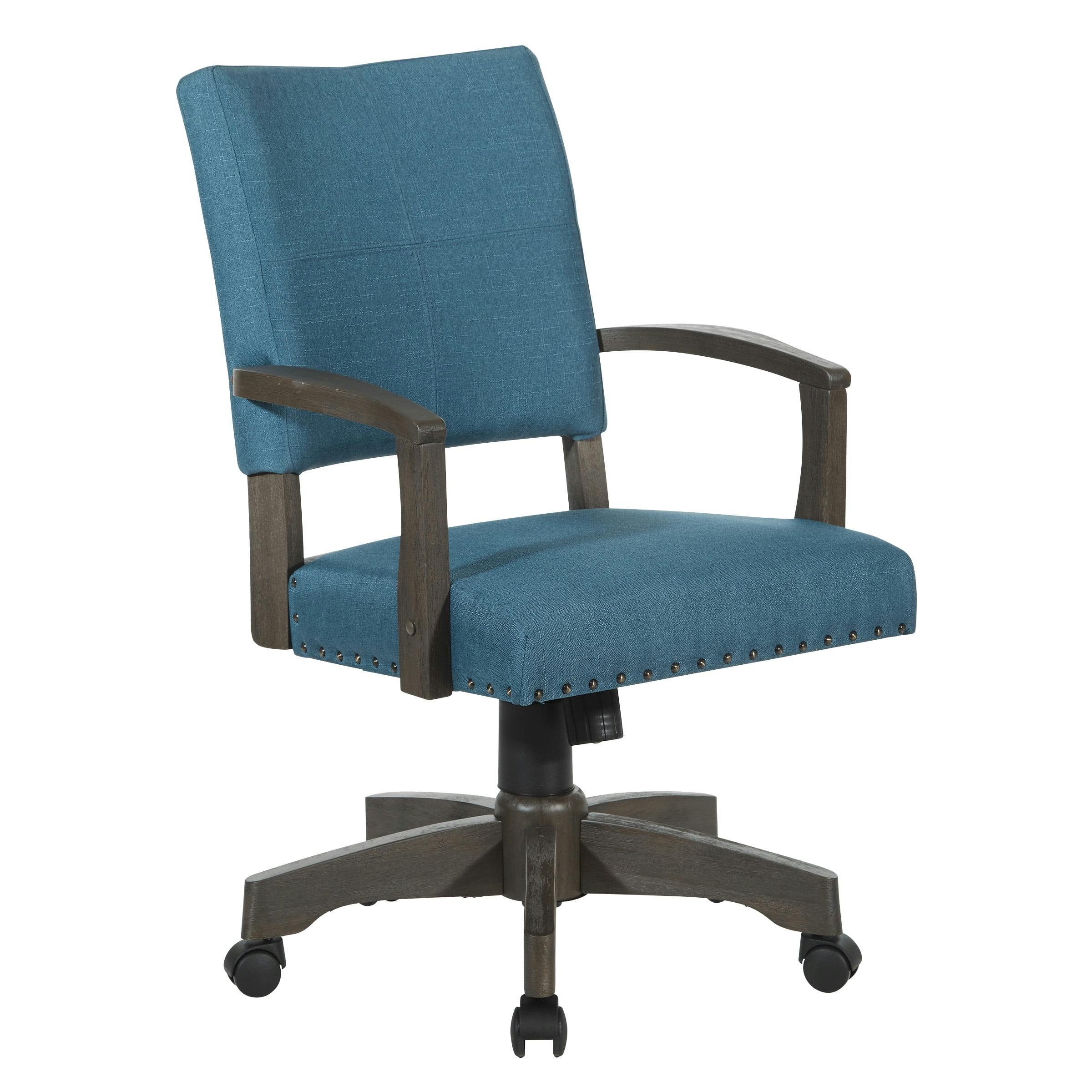 Deluxe Blue Fabric Banker's Swivel Chair with Wood Accents