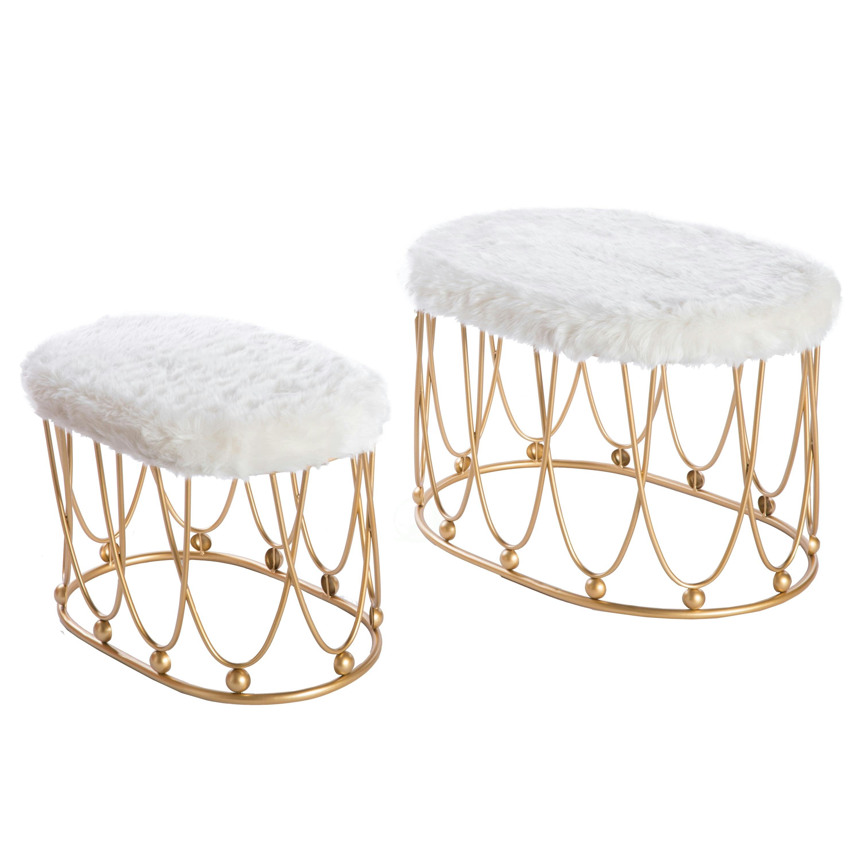 Chic Gold Oval Metal Accent Table Stools with Plush White Fur Top - Set of 2