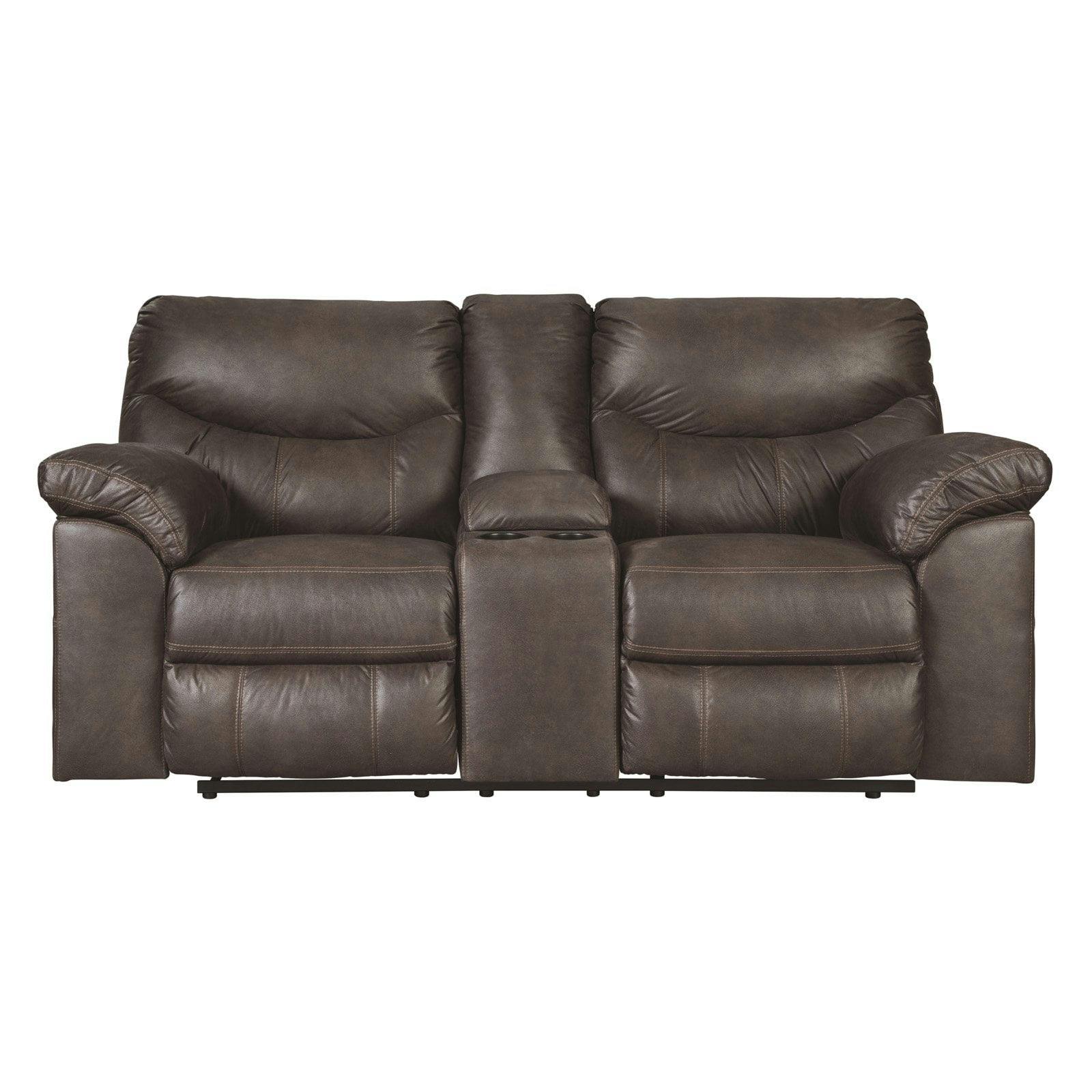 Teak Brown Faux Leather Reclining Loveseat with Cup Holder